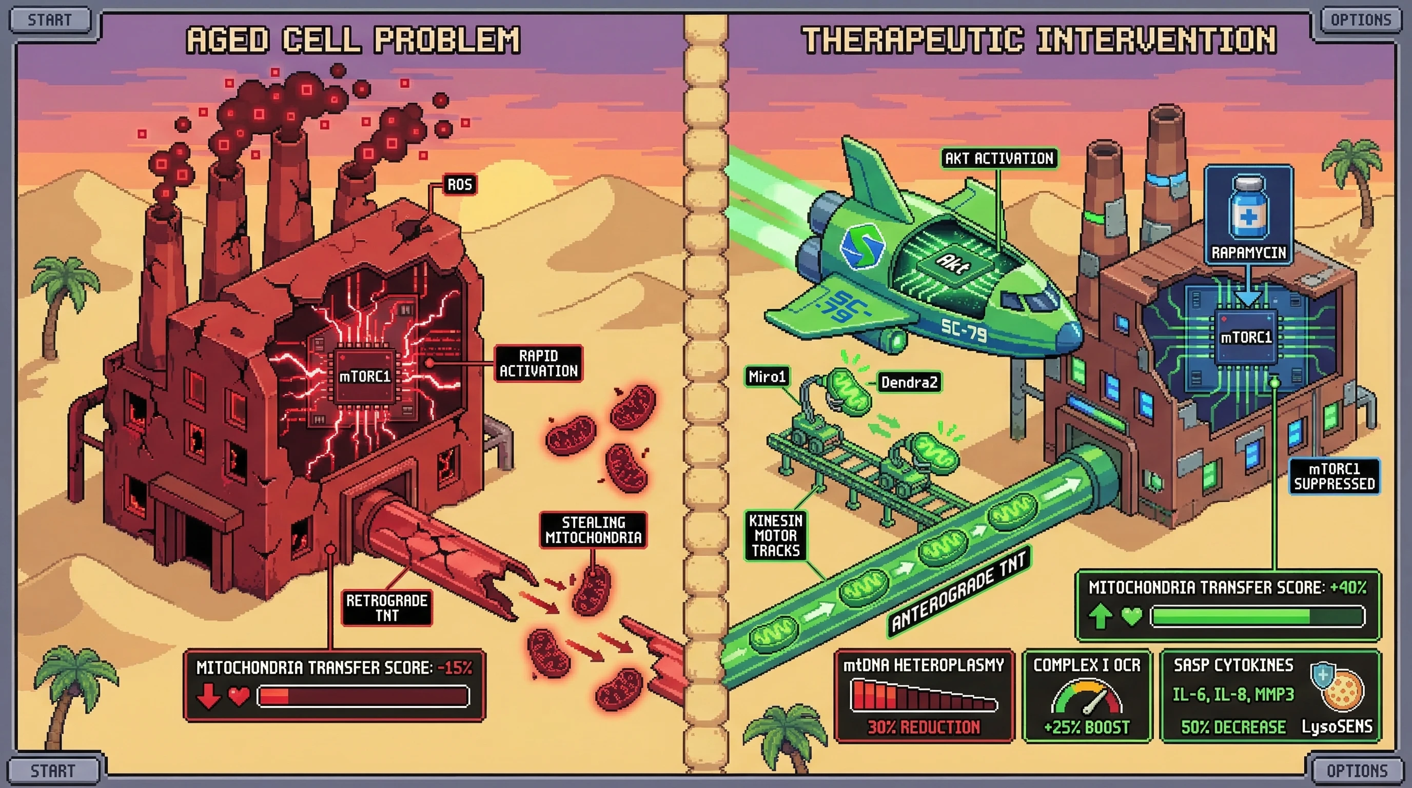 Infographic for: Pharmacological asymmetry — Akt/Miro1 activation in young MSC donors plus rapamycin-mediated suppression of aged-cell...