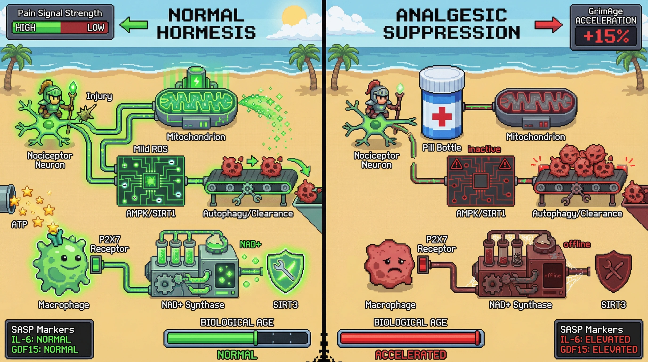 Infographic for: Analgesic-Induced Silencing of Nociceptor‑Mitochondrial Hormesis Accelerates Epigenetic Aging