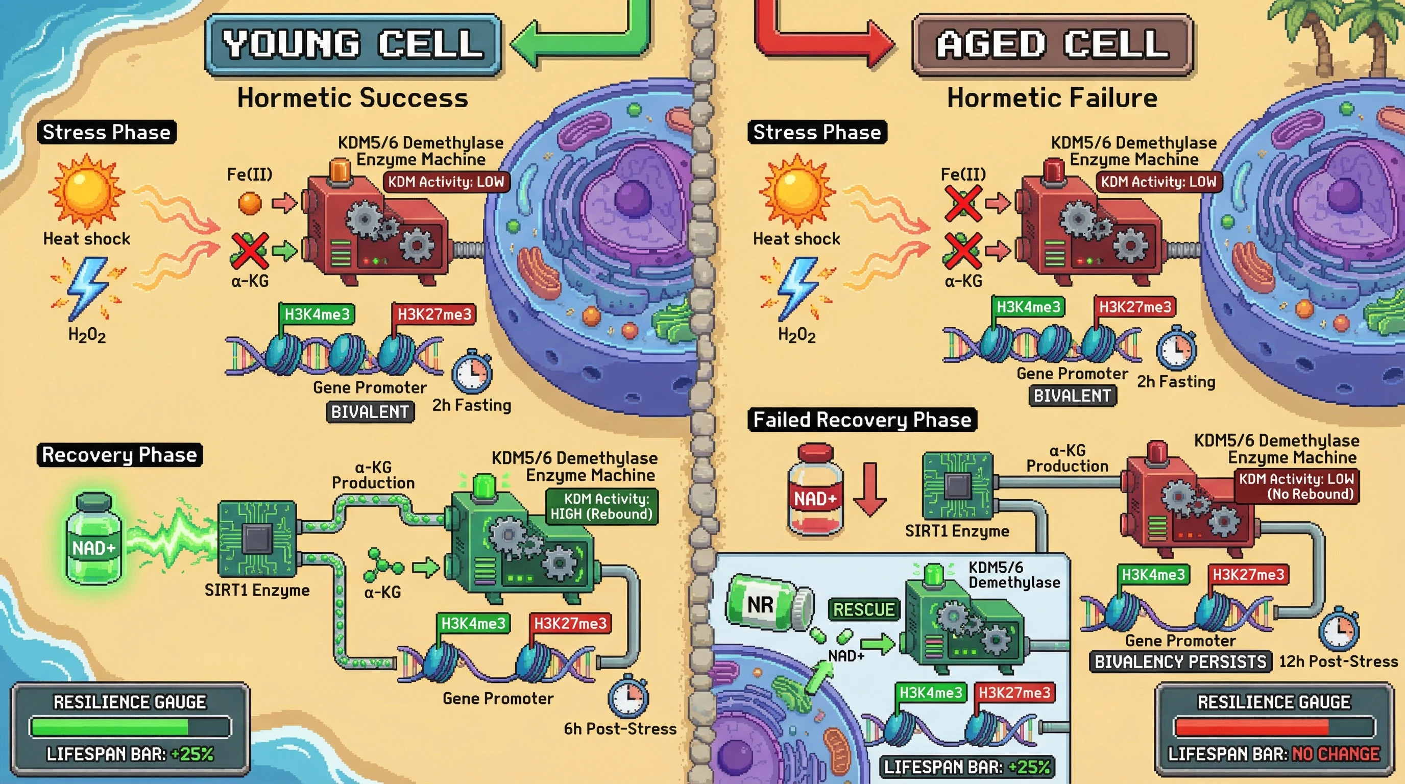 Mechanism: Hormetic stressors transiently inhibit KDM5/6 demethylases, creating bivalent chromatin at stress-response genes, which is resolved by KDM reactivation during recovery via NAD+ and α-KG. Readout: Readout: In aged cells, KDM reactivation fails, bivalency persists, and resilience is low, but NAD+ boosters restore KDM activity and lifespan extension.