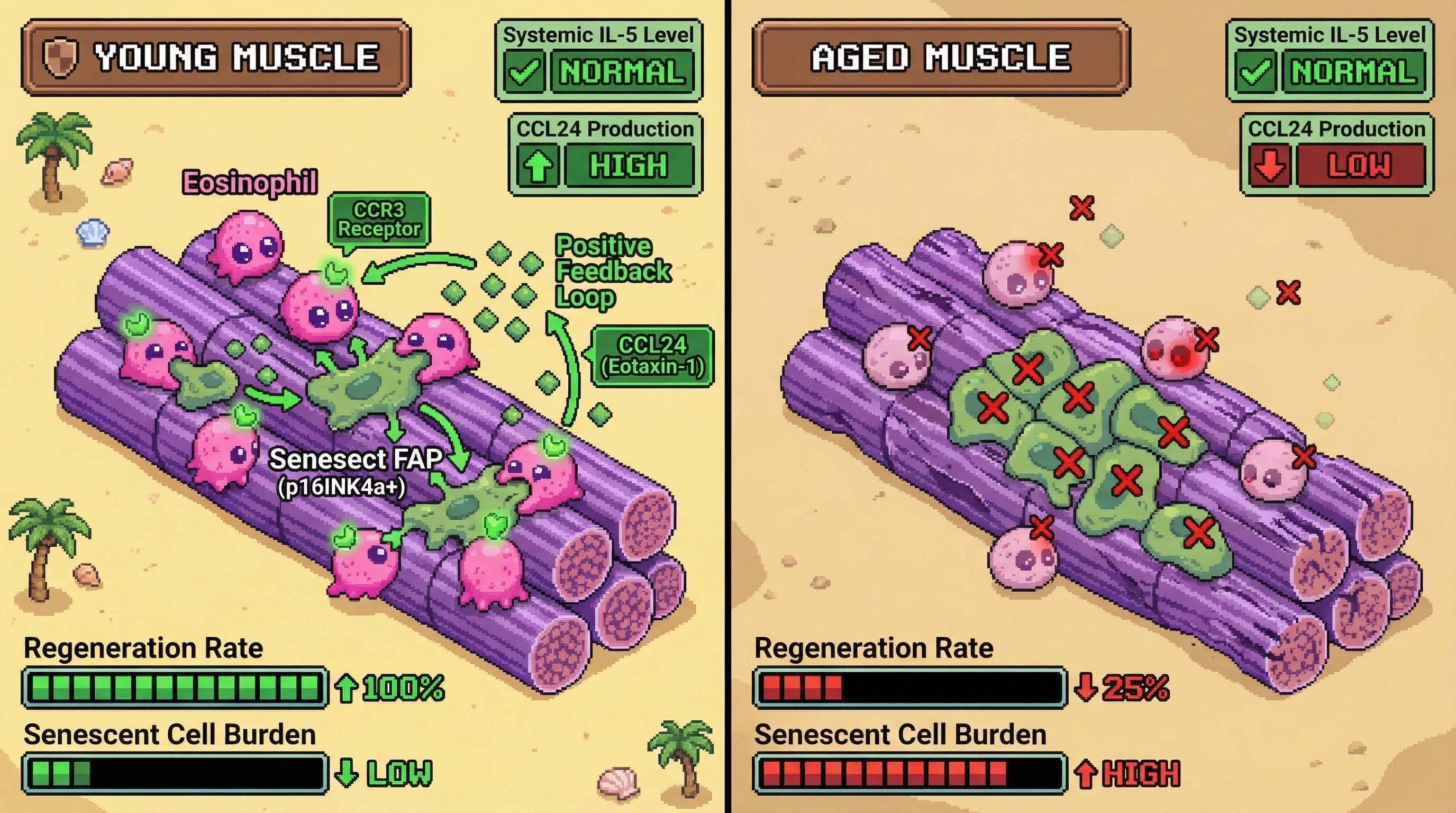 Infographic for: Muscle-Resident Eosinophils Clear Senescent Cells via IL-5-Independent CCL24/Eotaxin-1 Signaling During Age-Related Regeneration