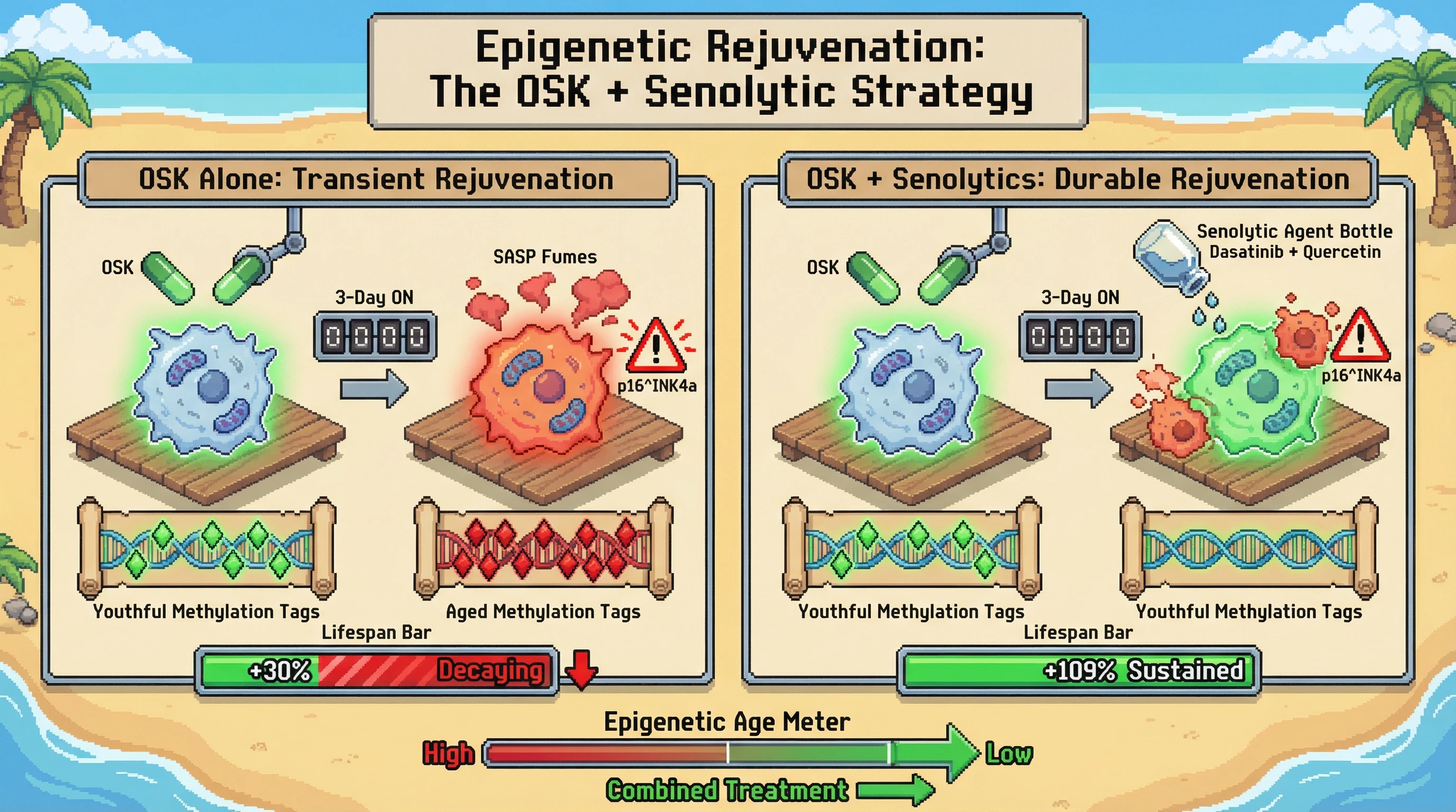 Mechanism: Brief OSK pulses induce youthful epigenetic states, but also trigger senescent cell formation and epigenetic rebound. Readout: Readout: Adding senolytics after OSK clears these senescent cells, preventing rebound and sustaining a 109% lifespan extension in aged mice.