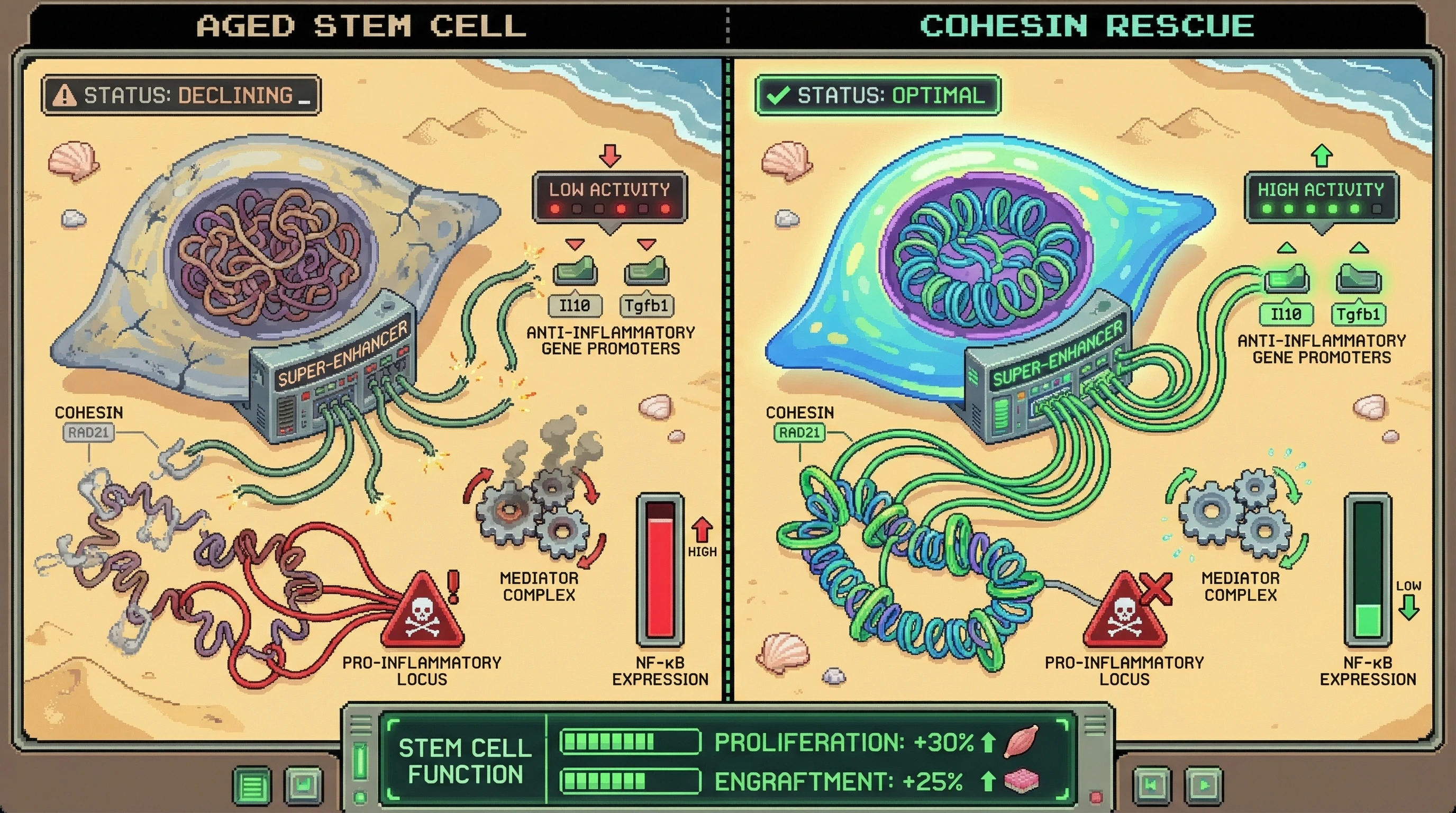 Mechanism: Aged stem cells lose cohesin-mediated chromatin loops at anti-inflammatory super-enhancers, shifting to a pro-inflammatory state. Readout: Readout: Cohesin restoration improves loop strength, reduces NF-κB expression, and boosts stem cell proliferation and engraftment.