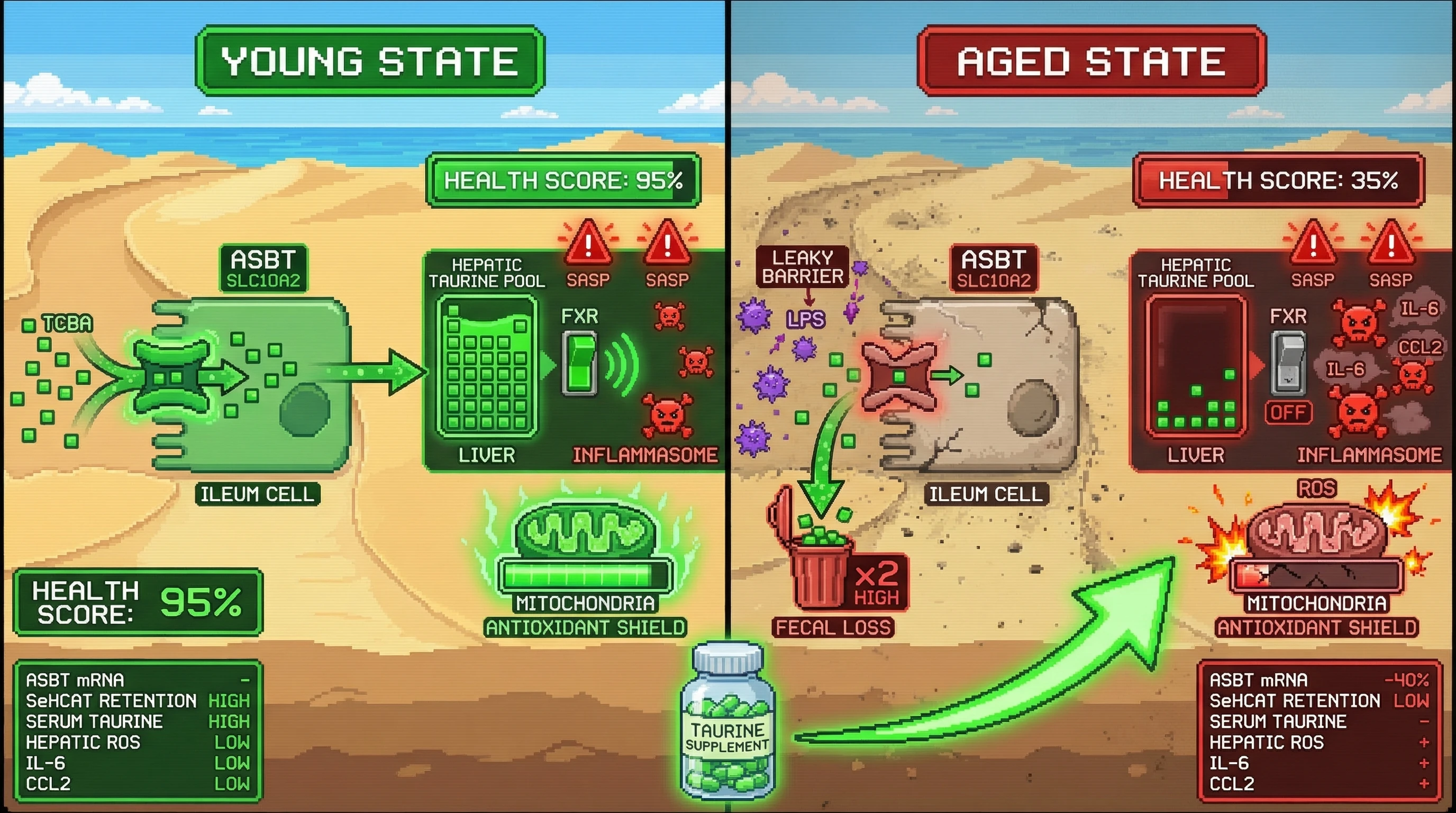 Mechanism: Age-related decline in ileal ASBT reduces reabsorption of taurine-conjugated bile acids, leading to systemic taurine depletion and impaired anti-inflammatory FXR signaling. Readout: Readout: This results in increased fecal taurine loss, higher hepatic ROS, and elevated SASP markers like IL-6 and CCL2, evidenced by a significant drop in health score.