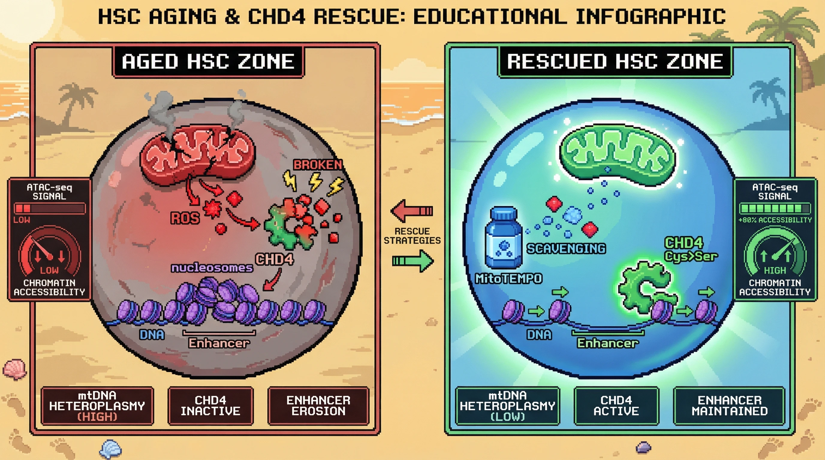 Mechanism: High mitochondrial DNA heteroplasmy increases ROS, which inactivates CHD4 and causes nucleosome accumulation at enhancers. Readout: Readout: This leads to decreased chromatin accessibility, which can be restored by ROS scavenging or a ROS-resistant CHD4 mutant, increasing ATAC-seq signal by 80%.