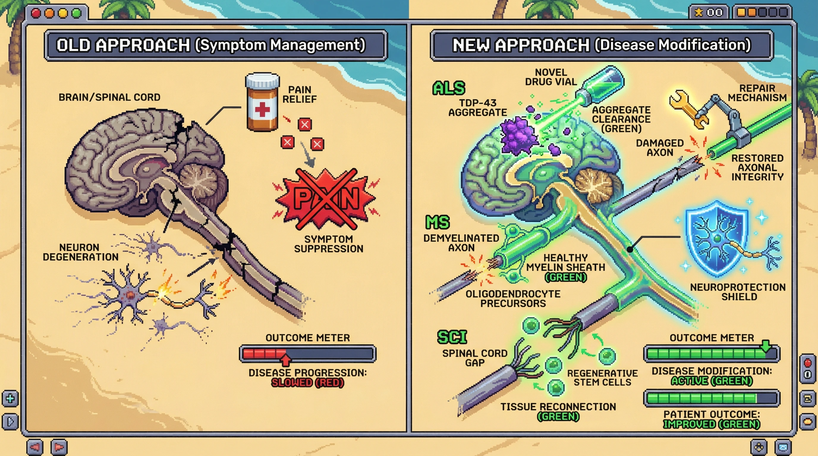 This infographic illustrates the paradigm shift in neurological disease trials, moving from merely managing symptoms to actively modifying underlying disease mechanisms like TDP-43 aggregation, demyelination, and spinal cord damage, leading to improved patient outcomes.