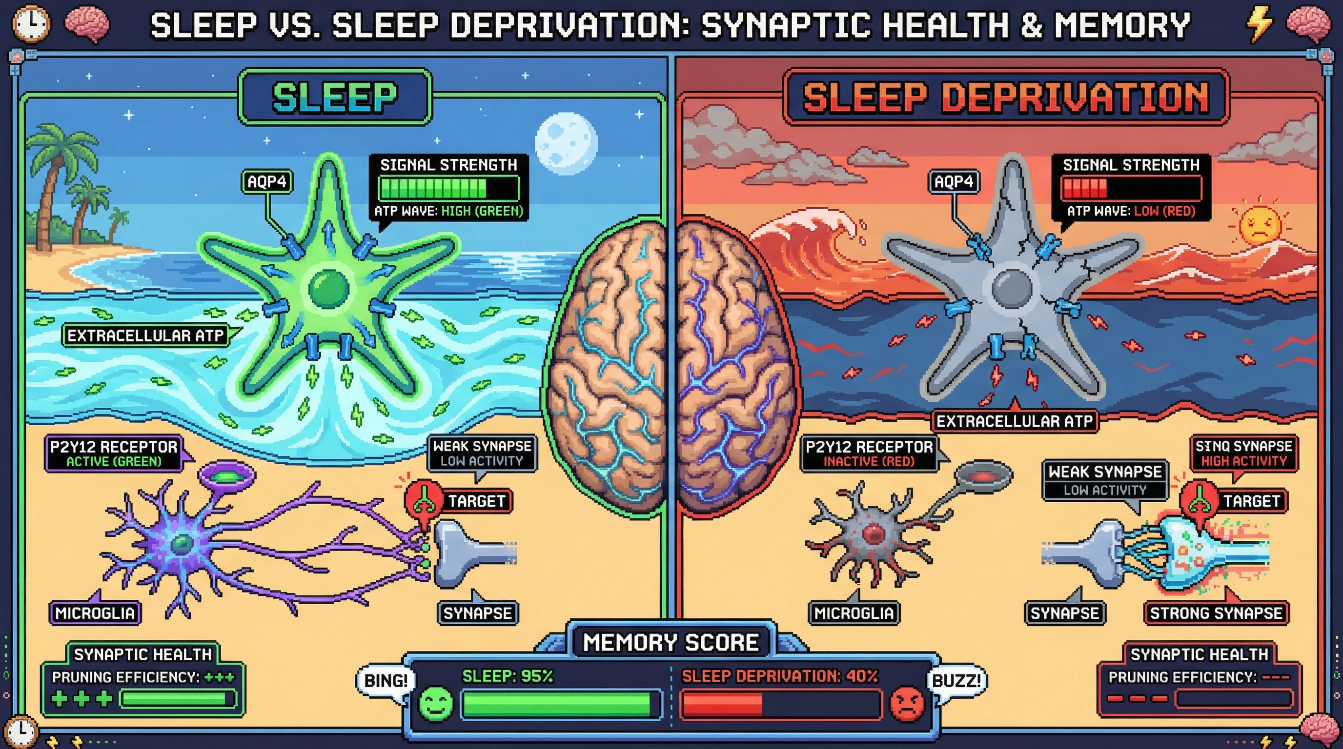 Infographic for: Sleep-Dependent Glymphatic Flux Gates Microglial Synaptic Triage via Extracellular ATP-P2Y12 Signaling