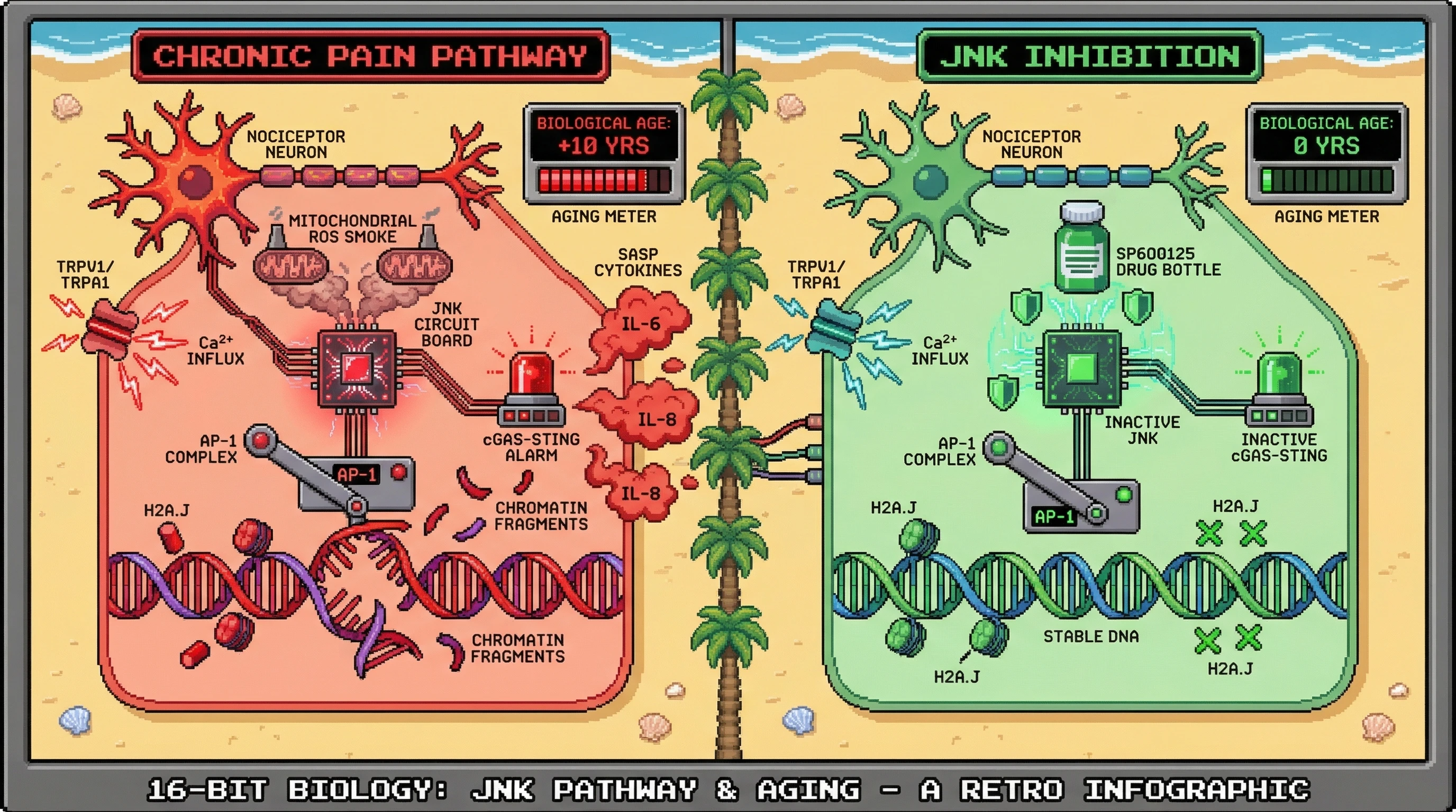 Mechanism: Chronic pain activates the JNK/AP-1 pathway, leading to H2A.J histone deposition and SASP cytokine release, accelerating epigenetic aging. Readout: Readout: JNK inhibition prevents H2A.J accumulation and SASP, thereby blocking epigenetic age acceleration despite persistent pain stimuli.