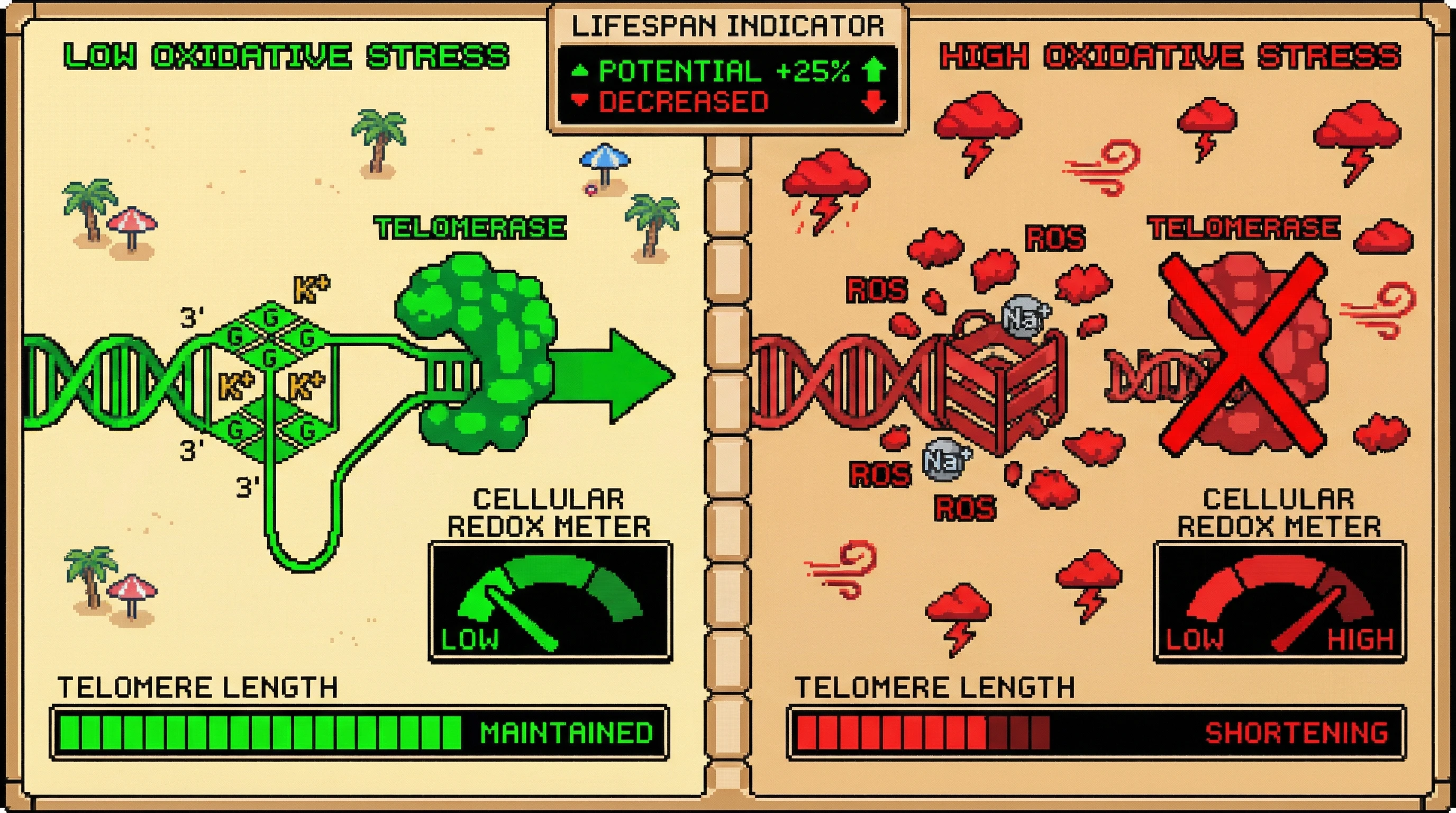 Infographic for: Telomeric G‑Quadruplex Ion Dynamics as a Sensor of Cellular Redox Entropy Links Replication Stress to Aging