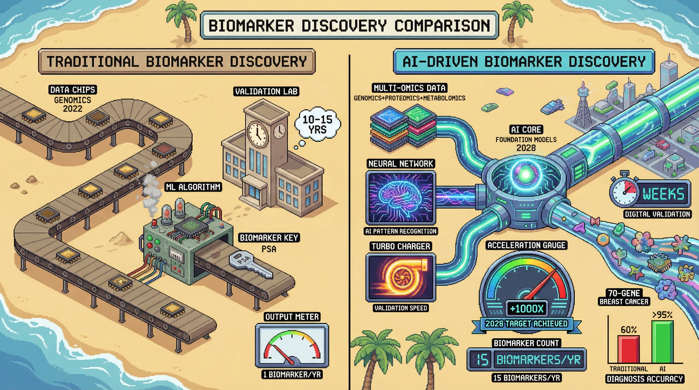 Infographic for: AI Biomarker Discovery Explosion - 1000x Acceleration Hits 2028