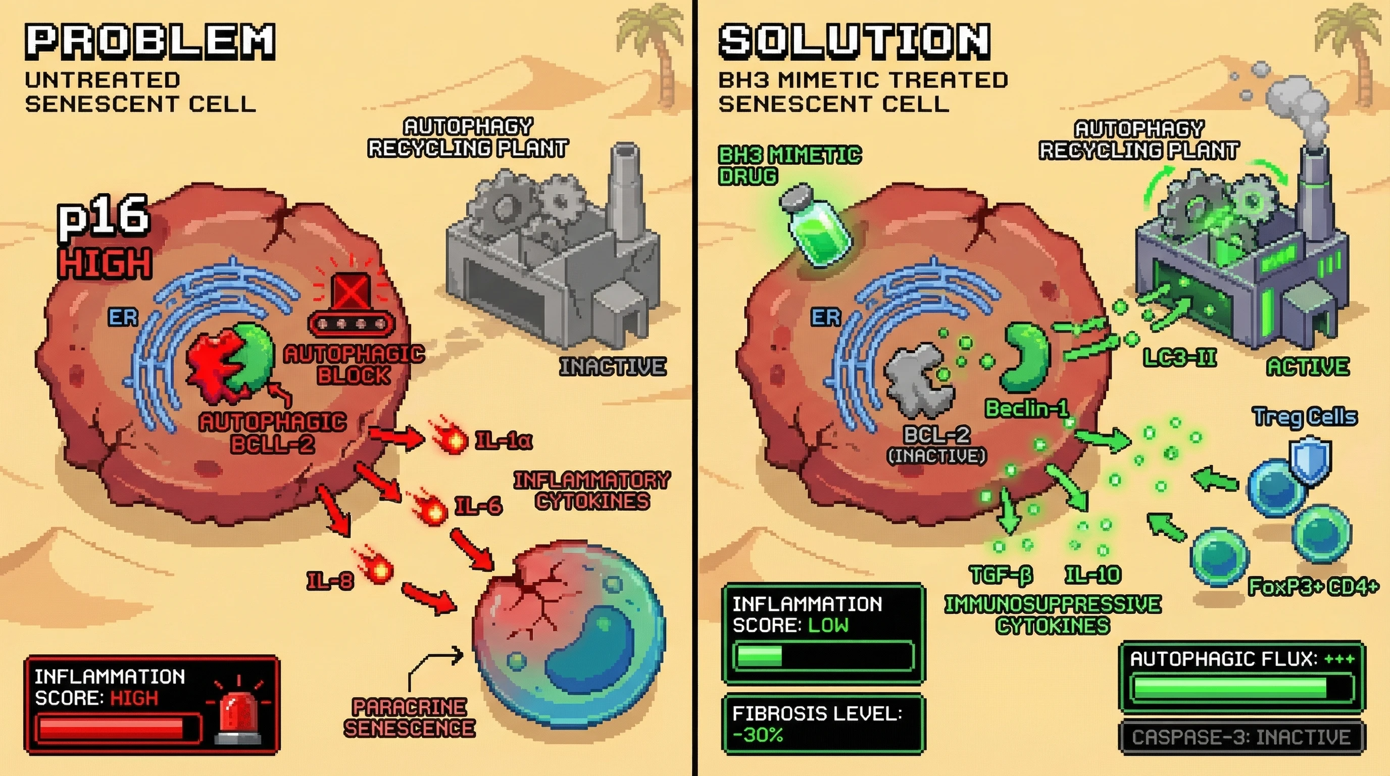 Infographic for: Restoring autophagy in senescent cells reprograms their SASP from inflammatory to immunosuppressive, preserving their hostage‑negotiator function without cell clearance