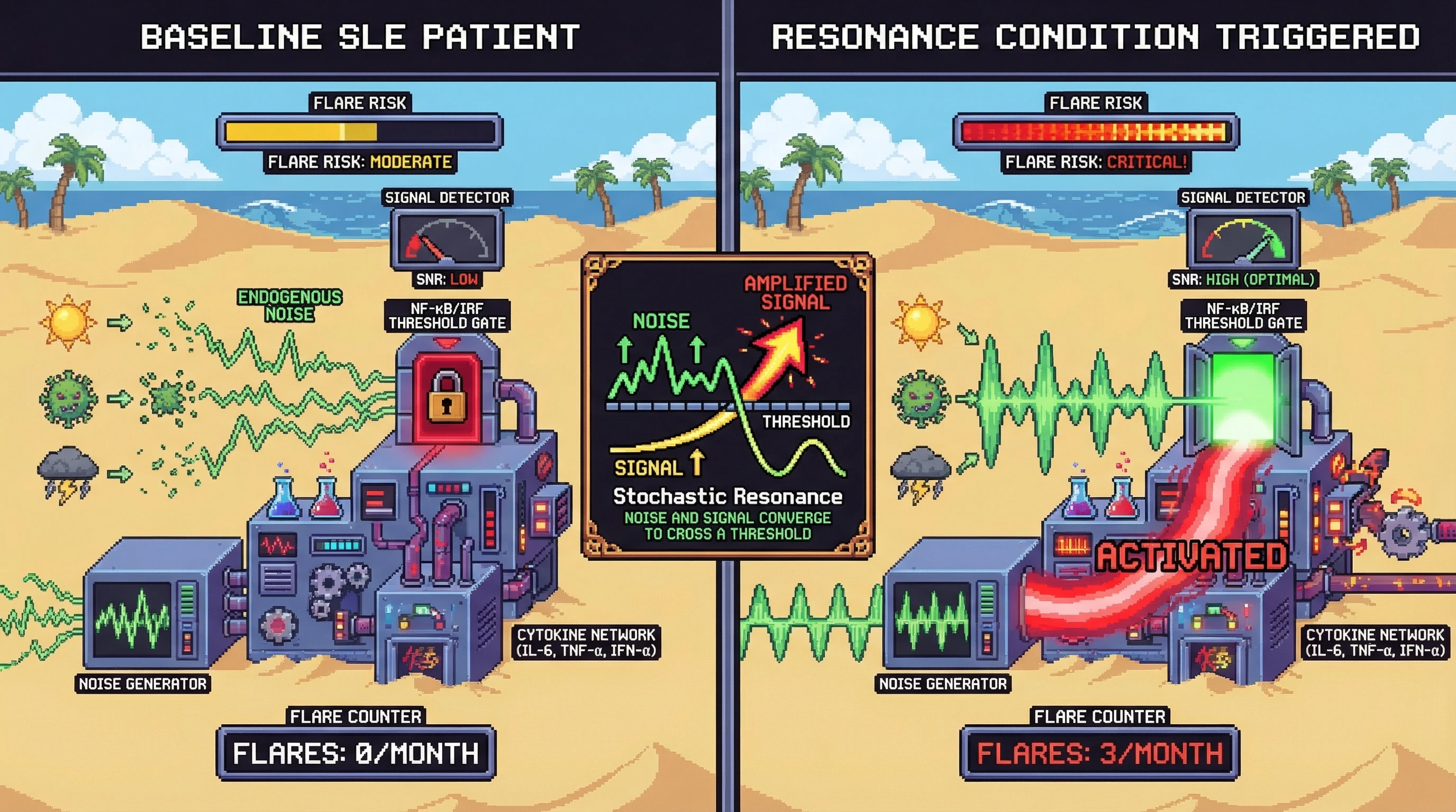 Mechanism: In SLE, moderate endogenous cytokine noise combines with weak environmental signals (UV, infection) to cross a nonlinear activation threshold, triggering amplified immune responses. Readout: Readout: This 'stochastic resonance' condition dramatically increases 'Flare Risk' and 'Flare Counter' activity, illustrating how sub-threshold events can combine to cause clinical flares.