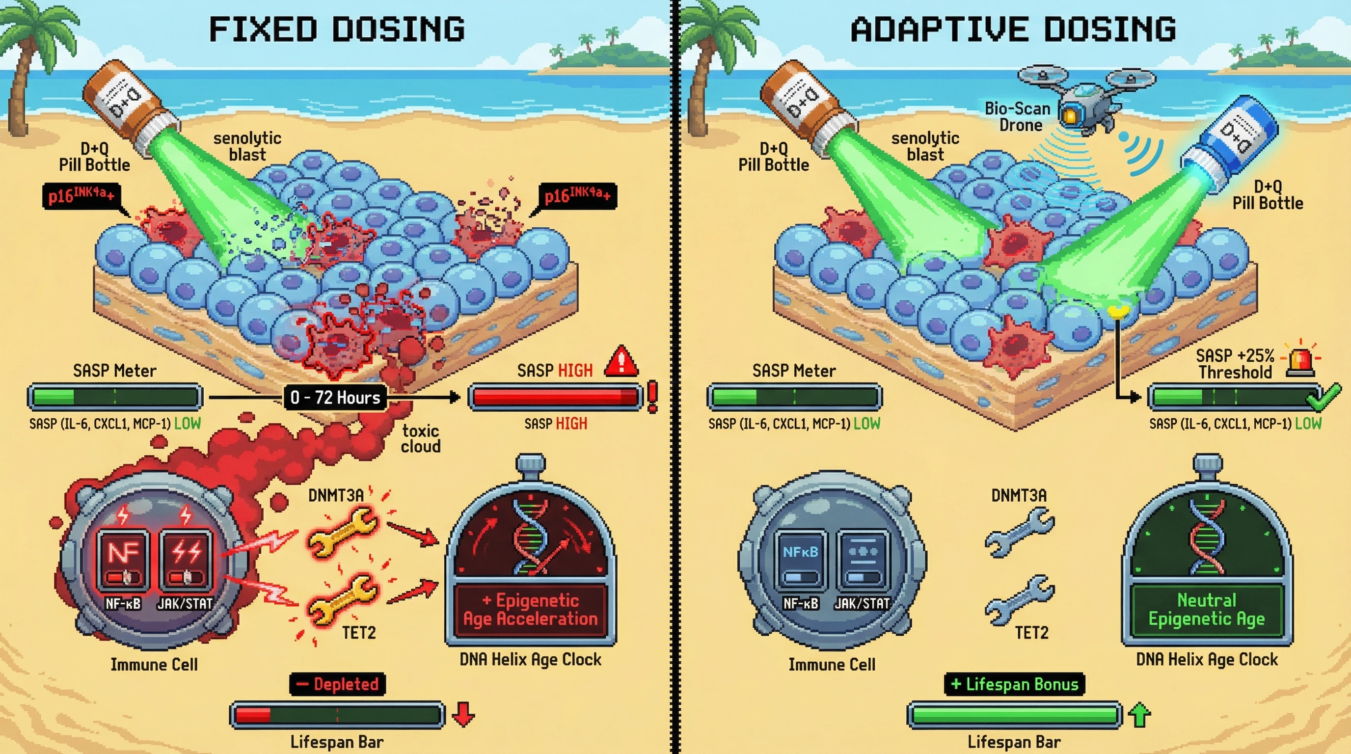 Mechanism: Adaptive dosing of D+Q based on real-time SASP levels prevents post-withdrawal SASP rebound, thereby avoiding chronic inflammation and subsequent epigenetic age acceleration. Readout: Readout: This approach maintains low senescent cell burden and neutral epigenetic age, unlike fixed dosing which causes SASP spikes and age acceleration.