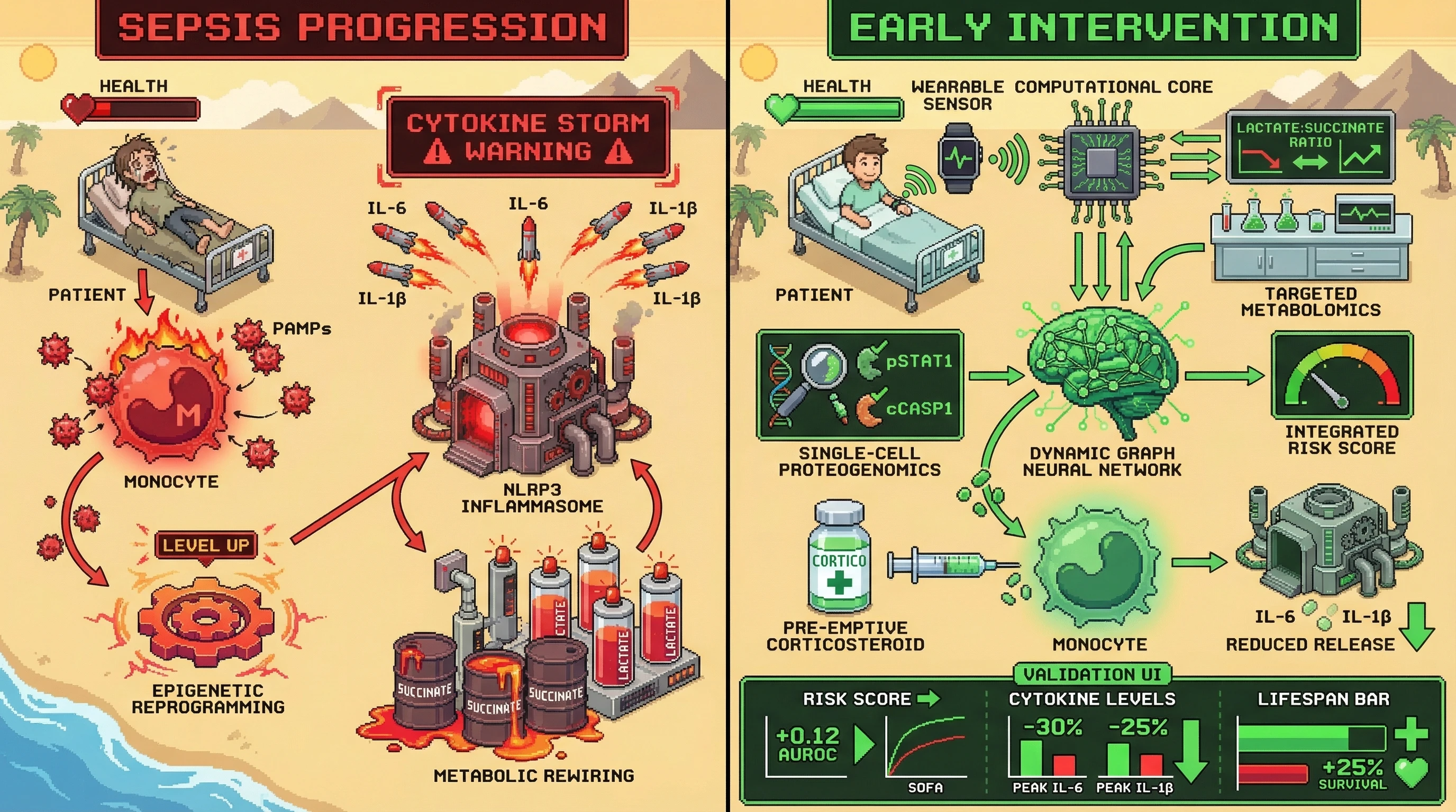 Mechanism: An integrated AI system uses multi-omics and wearable data to predict sepsis-induced cytokine storm, enabling pre-emptive corticosteroid intervention to reduce inflammation. Readout: Readout: This approach is predicted to increase AUROC by ≥0.12 for ICU transfer prediction and reduce peak IL-6 levels by 30%.