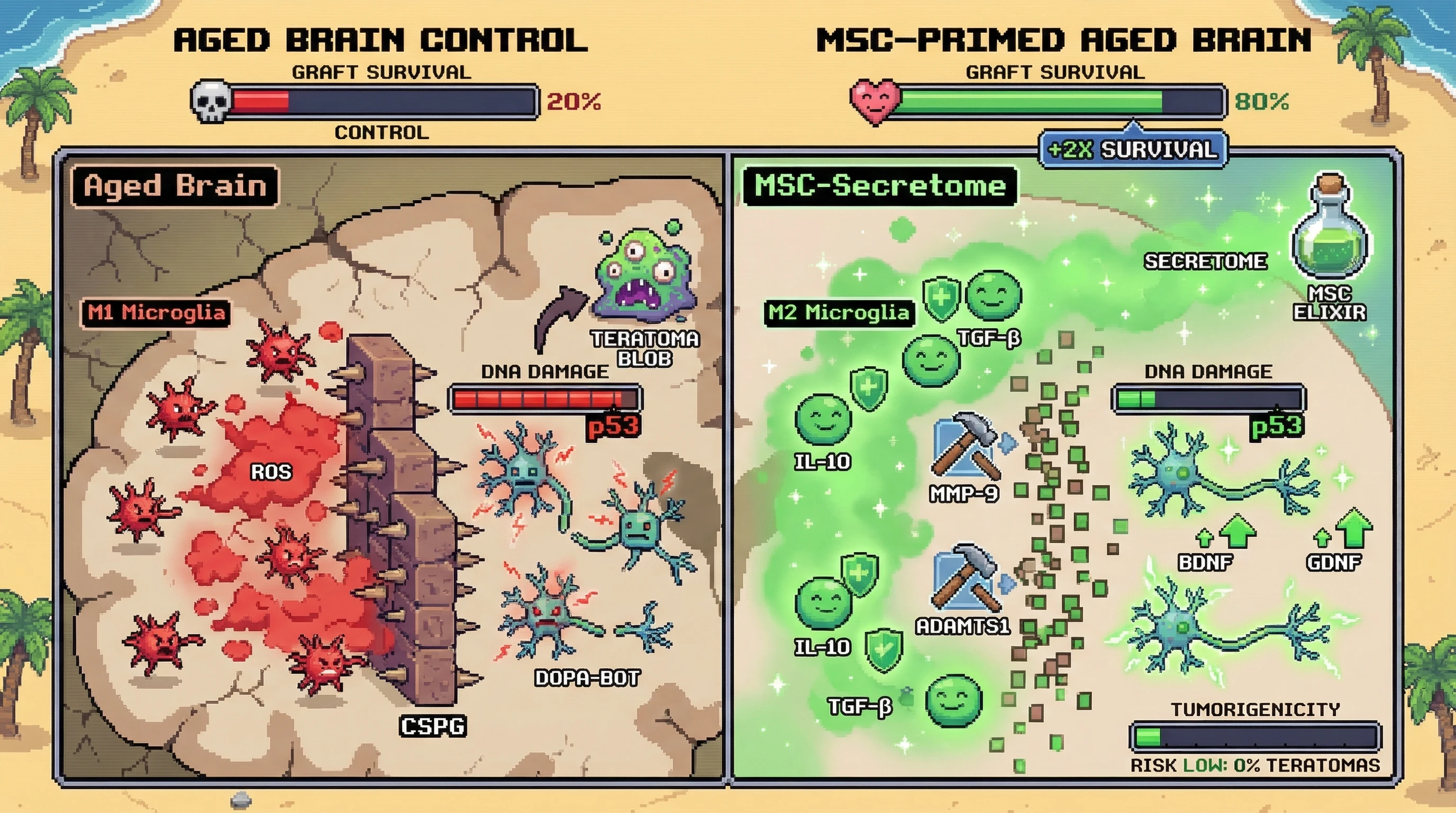 Infographic for: MSC Priming Enhances iPSC-Derived Neural Engraftment and Suppresses Tumorigenicity in Aged Brain