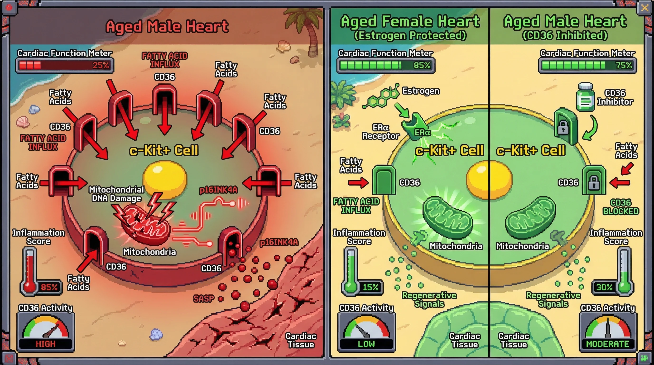 Mechanism: In aged males, high CD36 activity drives fatty acid overload in c-Kit+ cells, leading to mitochondrial damage and SASP secretion. Readout: Readout: This results in low cardiac function and high inflammation, which is reversed by estrogen or CD36 inhibition.