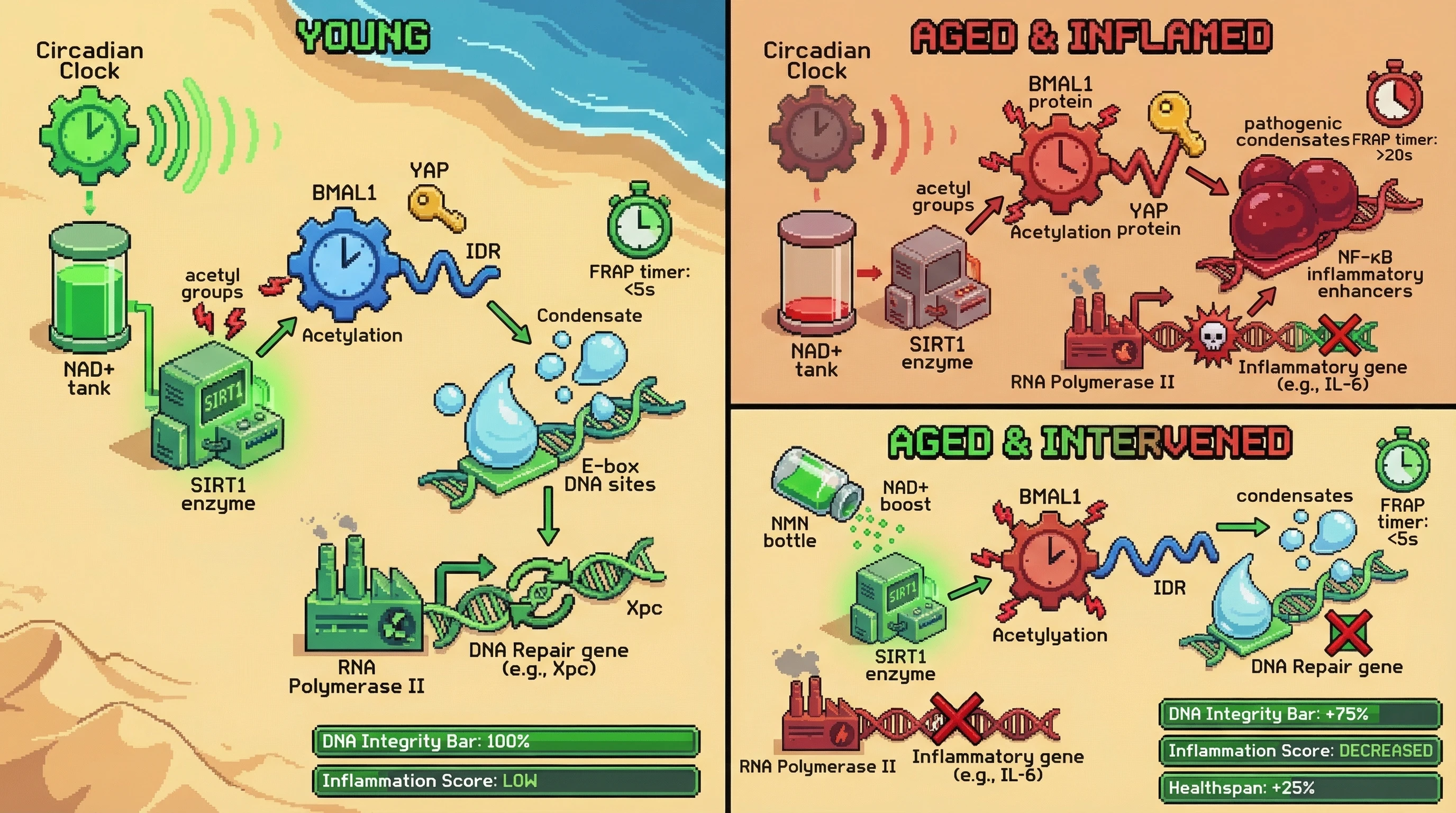 Infographic for: Circadian-Controlled Phase Separation of BMAL1/YAP Complexes Drives Inflammatory Enhancer Hijacking in Aging