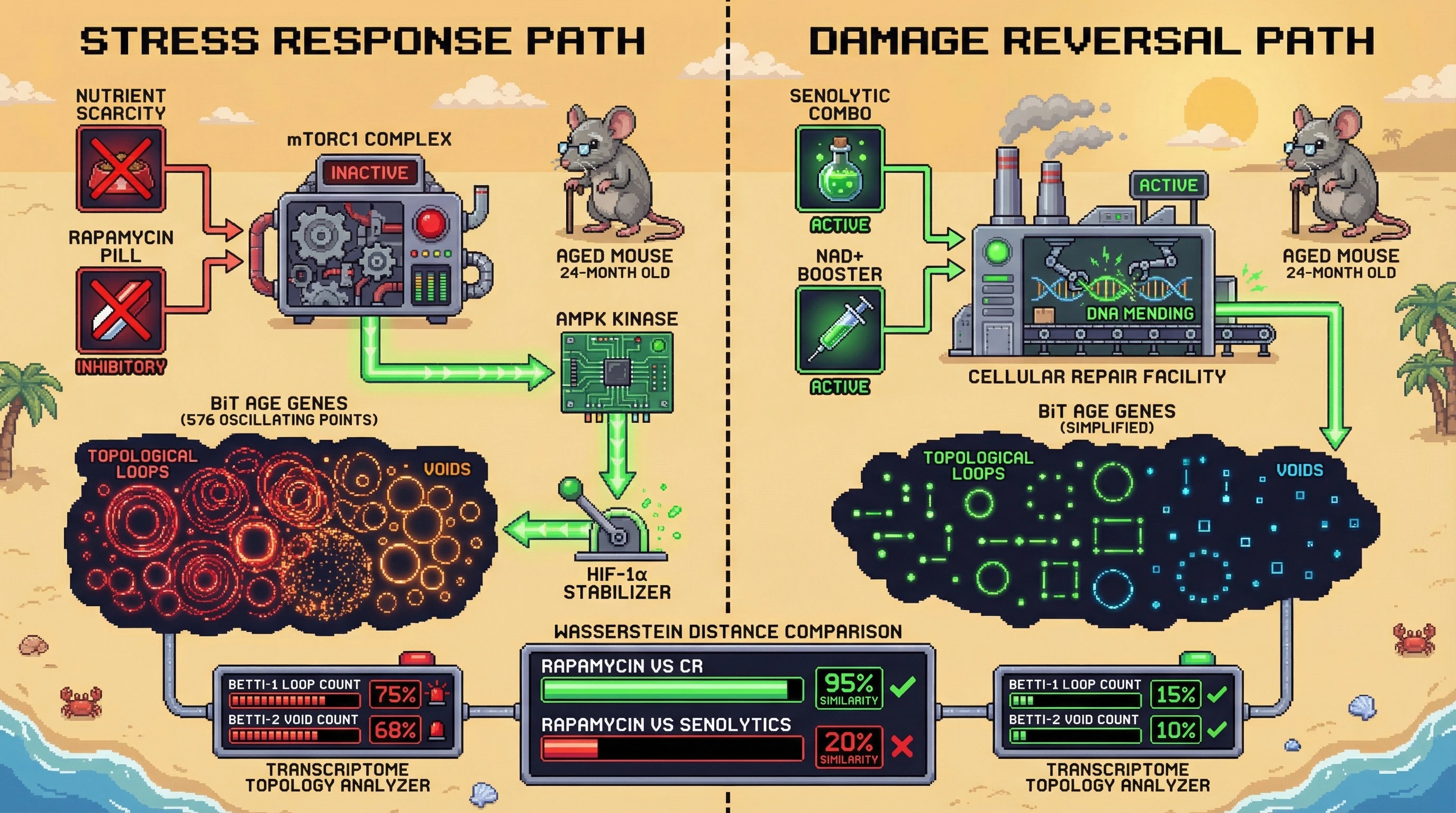 Infographic for: Rapamycin mimics caloric restriction's transcriptomic topology rather than reversing aging damage