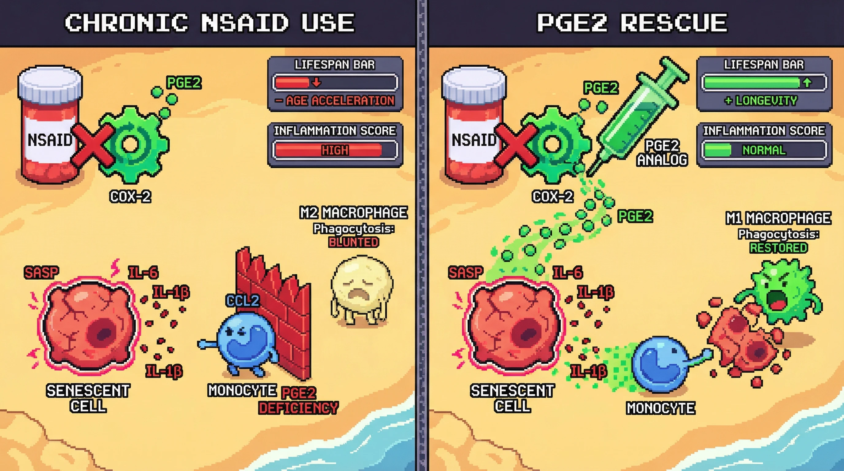 Infographic for: Chronic NSAID Use Impairs Macrophage-Mediated Senescent Cell Clearance via COX‑2‑Dependent Prostaglandin Signaling, Accumulating SASP and Accelerating Biological Aging