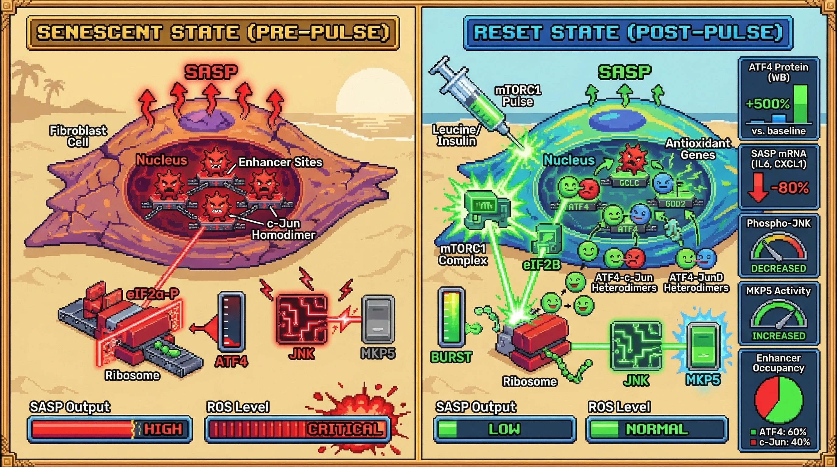 Infographic for: Pulsed mTOR activation restores ATF4 competition with c‑Jun to destabilize senescence‑locked enhancer landscapes