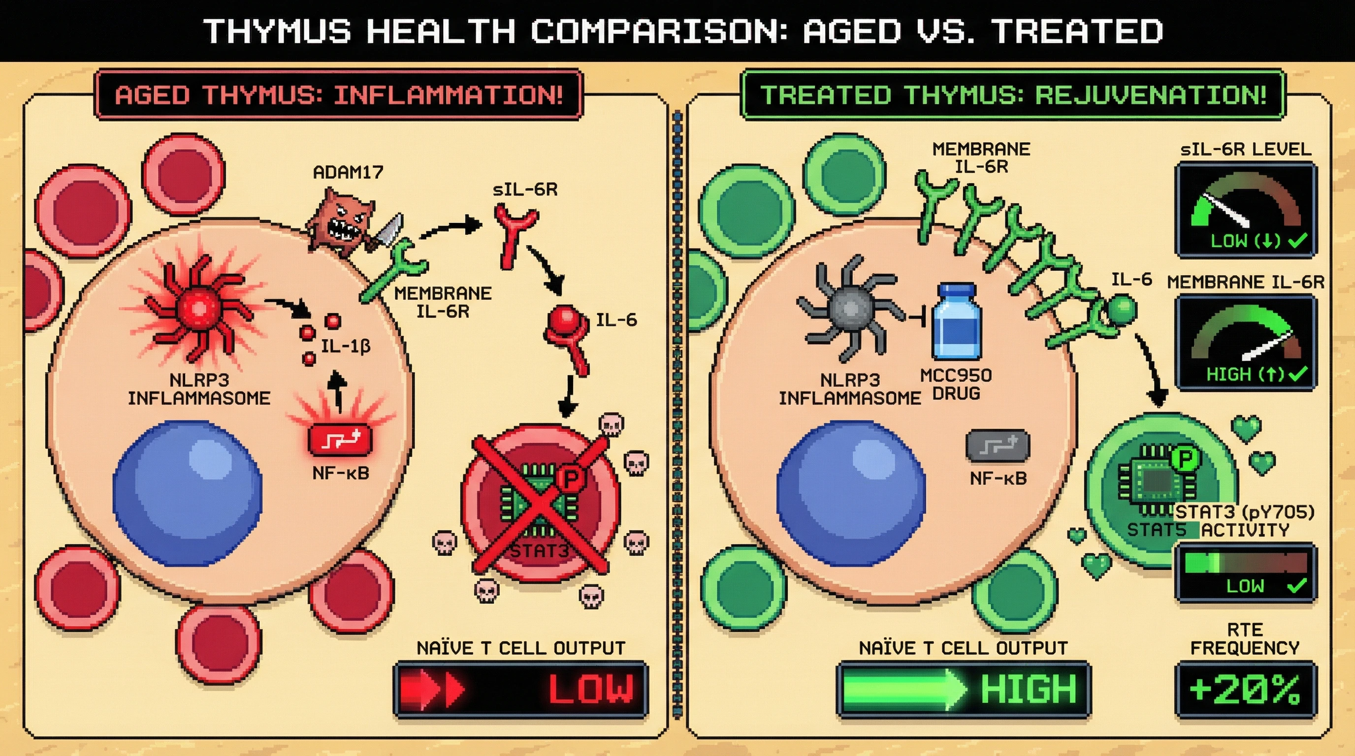 Mechanism: NLRP3 inhibition prevents sIL-6R shedding, preserving classical IL-6 signaling and sustaining naïve T cell development. Readout: Readout: Thymic sIL-6R levels decrease, membrane IL-6R increases, STAT3 phosphorylation lessens, and recent thymic emigrant frequency rises by 20%.