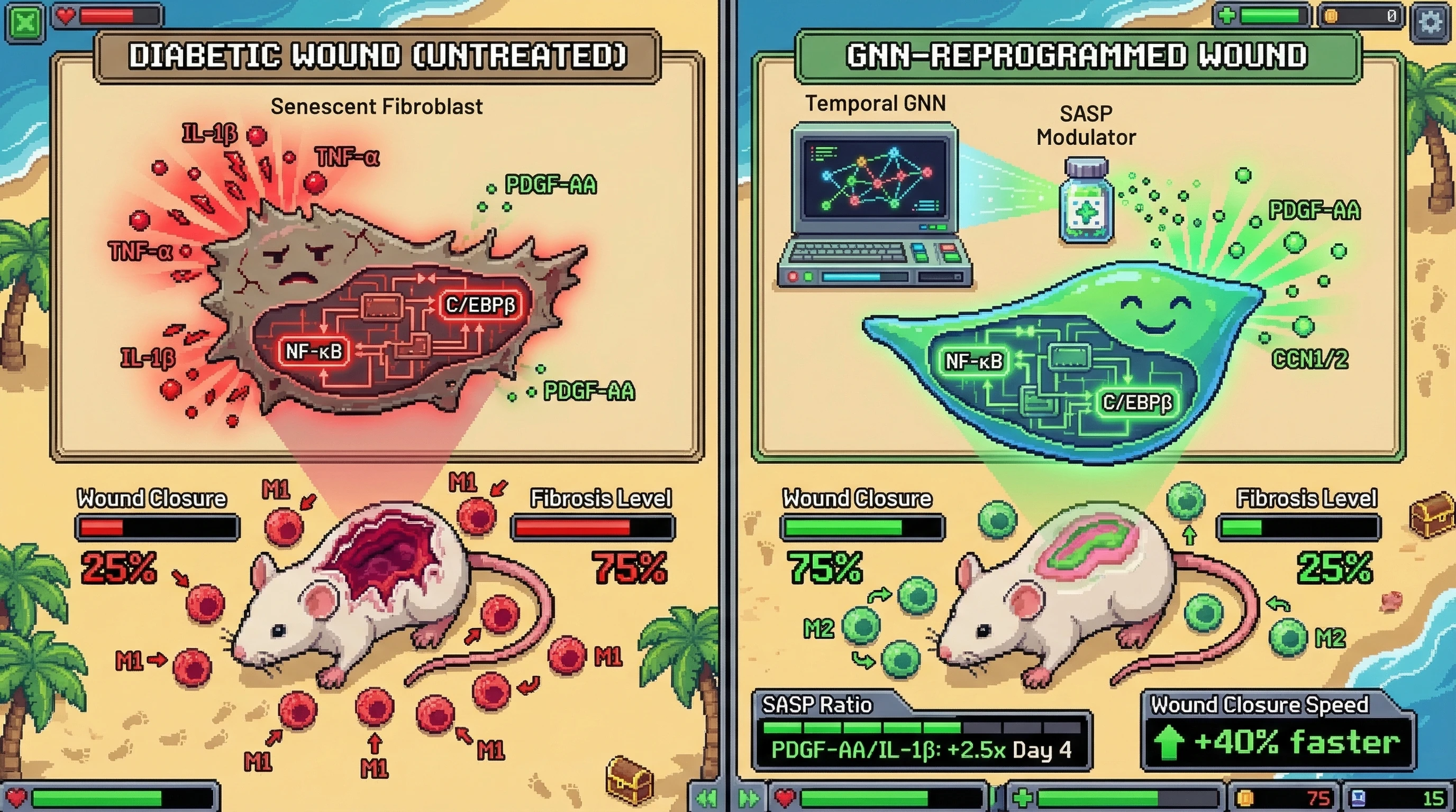 Infographic for: Temporal Graph Neural Networks Predict SASP-Modulating Interventions That Reprogram Senescent Cells from Hostage Negotiators to Tissue Repair Agents