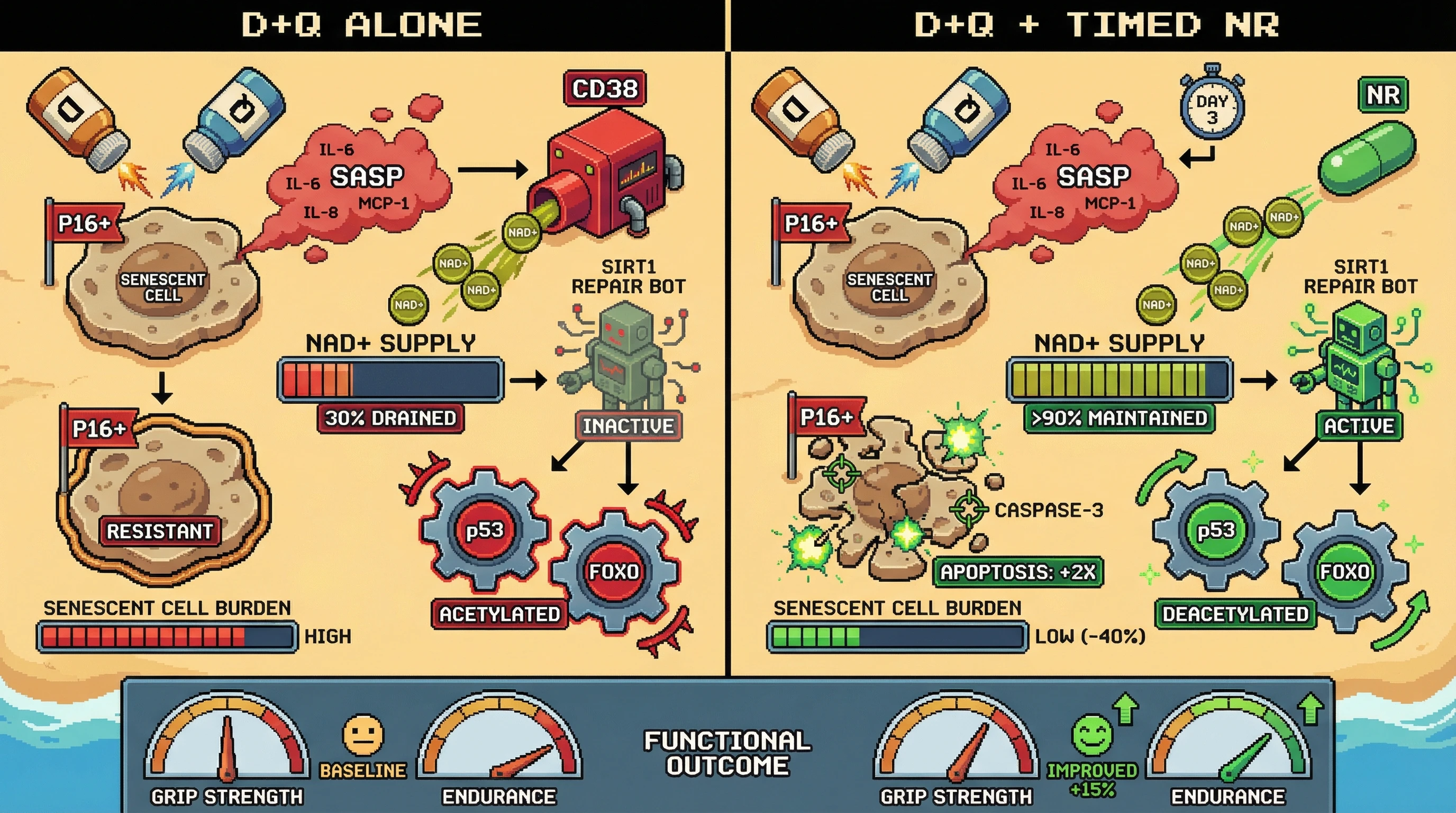 Infographic for: Timed NAD+ supplementation blocks SASP‑driven CD38 sink to boost intermittent senolytic efficacy