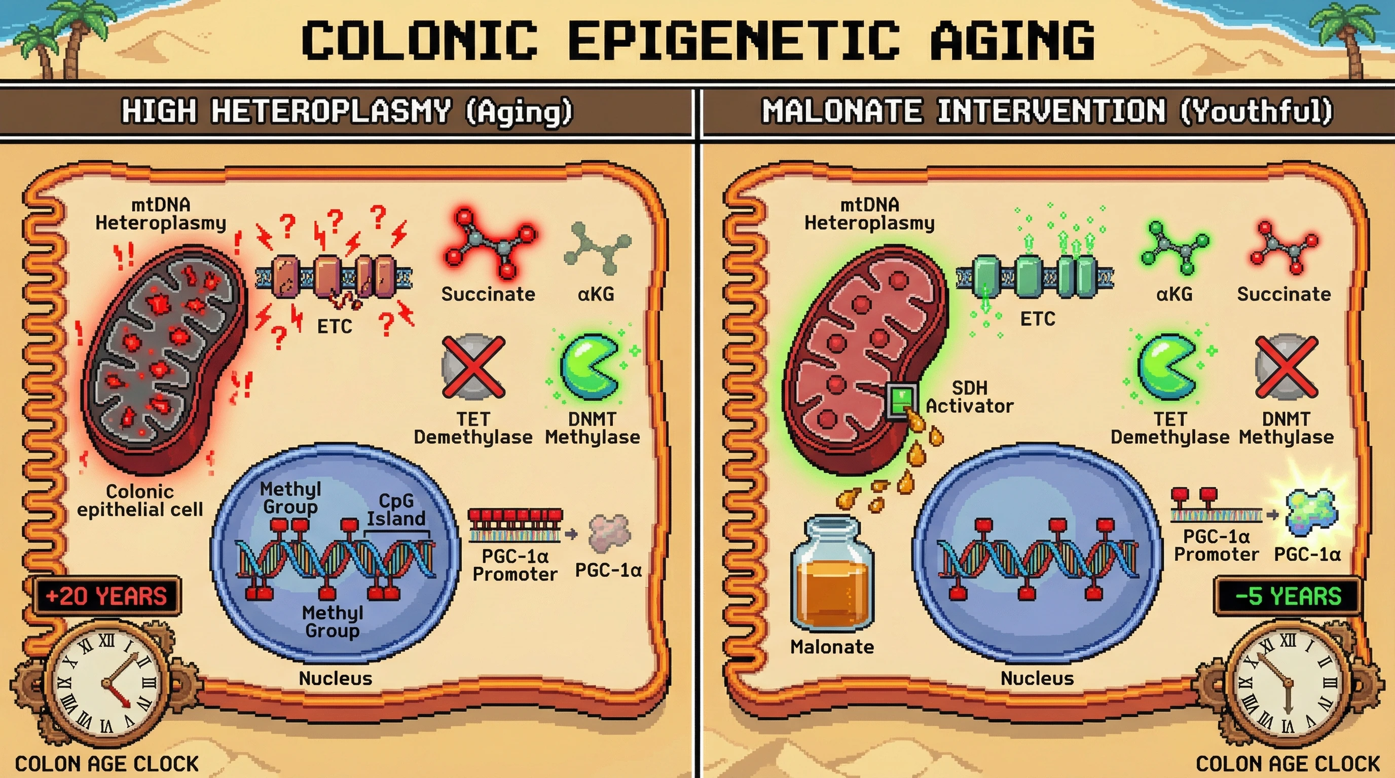 Mechanism: High mitochondrial mtDNA heteroplasmy increases the succinate/αKG ratio, inhibiting TET demethylases and activating DNMT methylases, leading to increased DNA methylation and accelerated epigenetic aging. Readout: Readout: Malonate intervention restores the succinate/αKG balance, normalizes TET/DNMT activity, and decelerates the colon epigenetic clock.