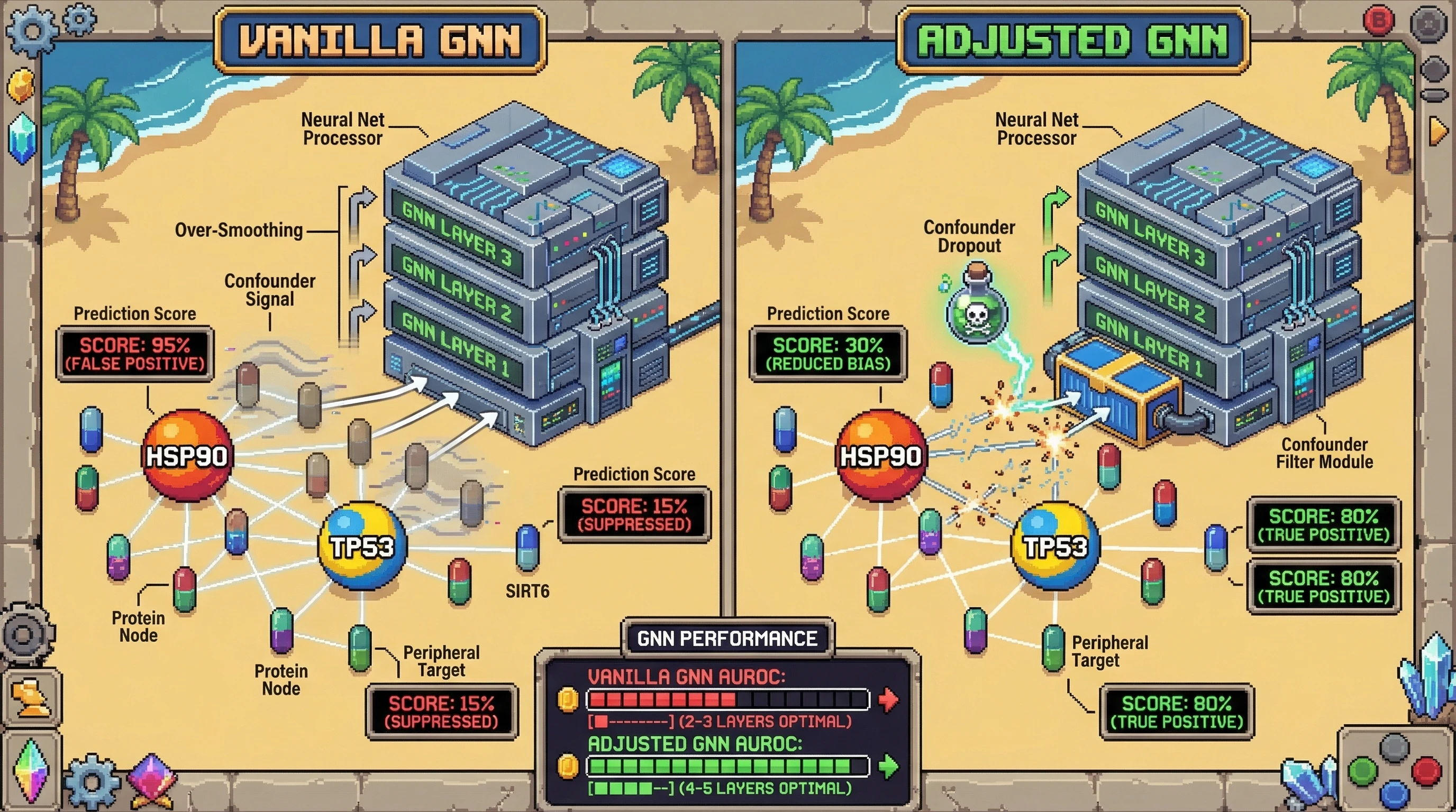 Infographic for: Confounder-Induced Over-Smoothing Skews GNN Predictions of Aging Drug Targets
