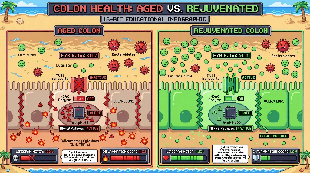 Infographic for: Age‑Related Decline of the Firmicutes/Bacteroidetes Ratio Triggers Colonocyte Epigenetic Reprogramming via Butyrate‑Dependent HDAC Inhibition Loss