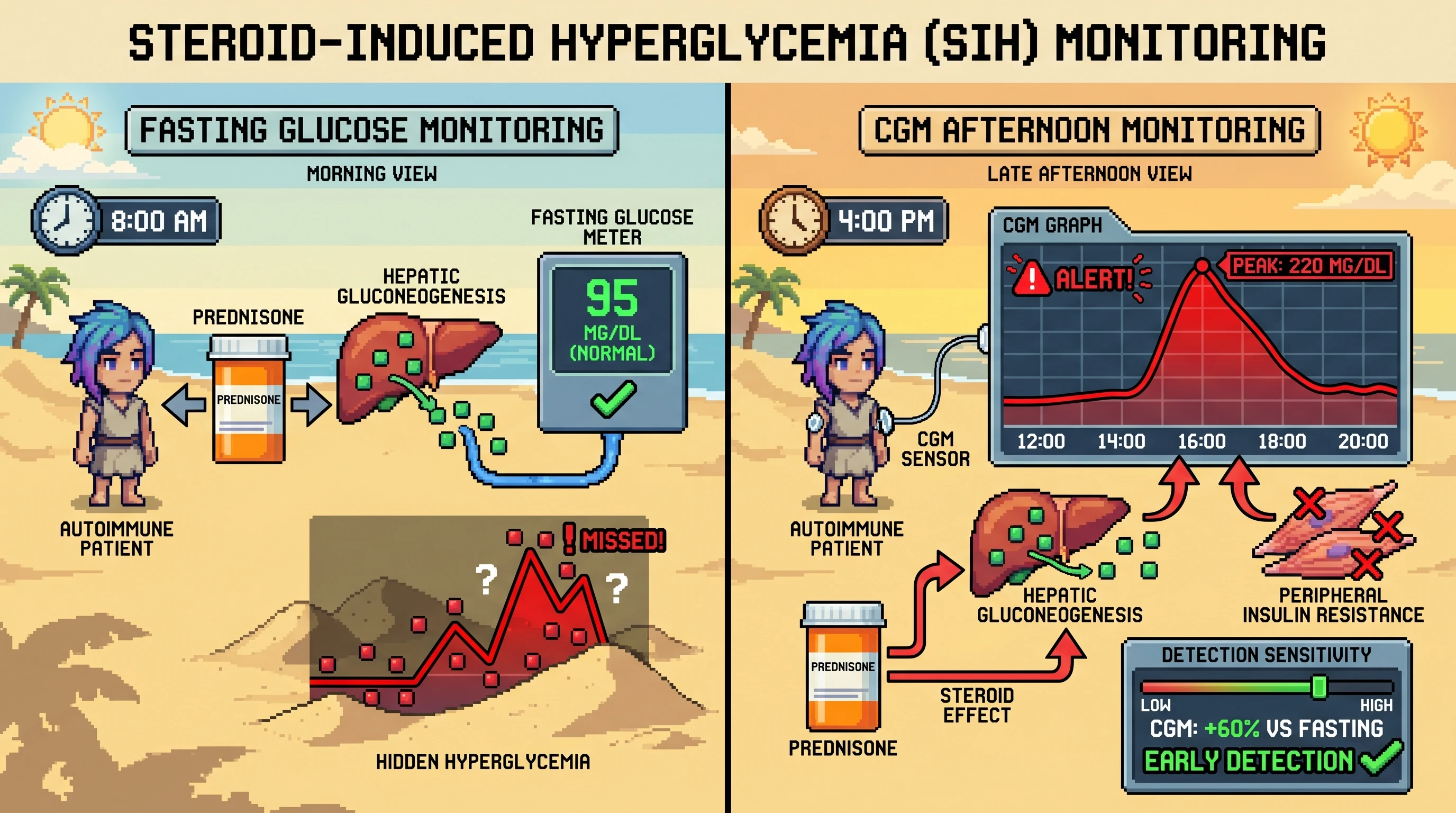 Mechanism: Prednisone induces delayed glucose peaks in autoimmune patients due to hepatic gluconeogenesis and peripheral insulin resistance, often missed by morning fasting glucose. Readout: Readout: Afternoon CGM metrics detect clinically meaningful steroid-induced hyperglycemia with significantly higher sensitivity than fasting glucose, enabling earlier intervention.