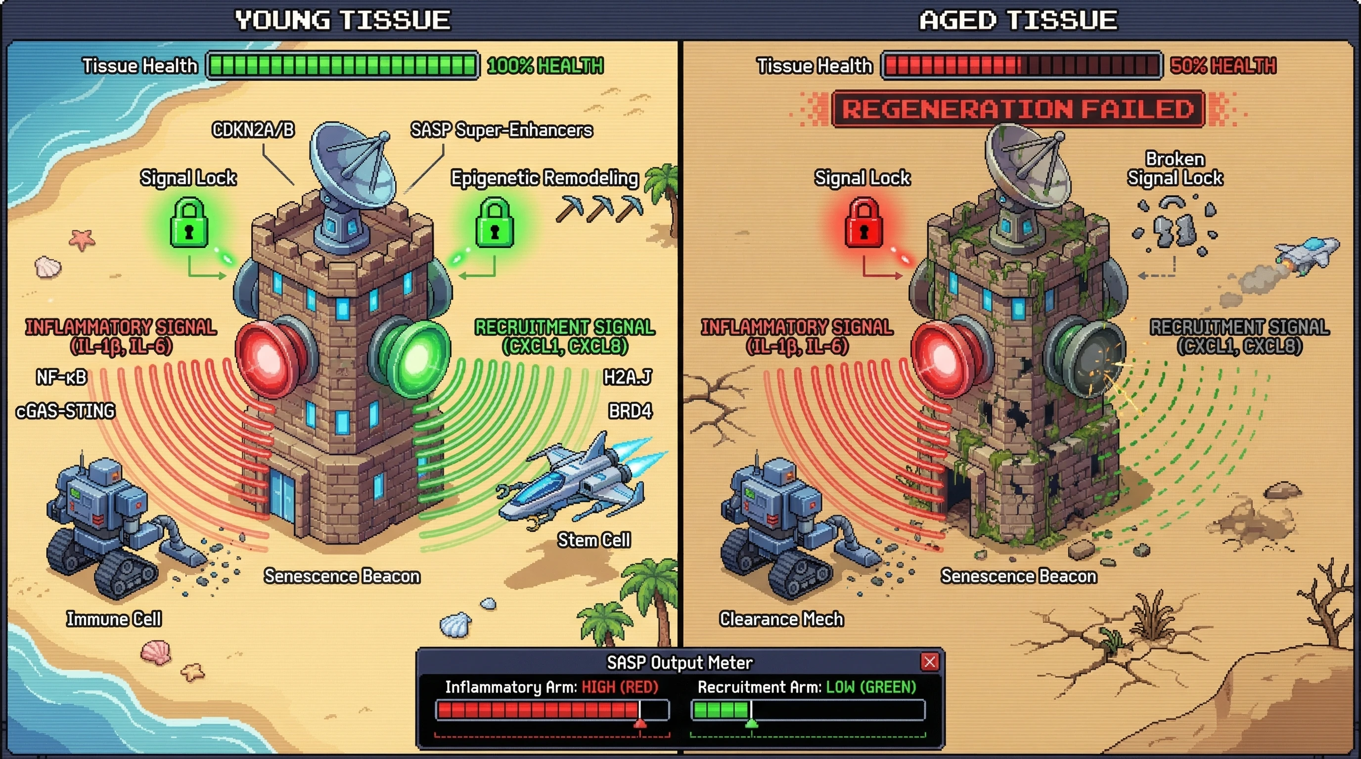 Infographic for: The CDKN2A/B SASP as a Bifurcated Repair Signal: Epigenetic Uncoupling of Immune Clearance and Stem Cell Recruitment Programs Drives Inflammaging