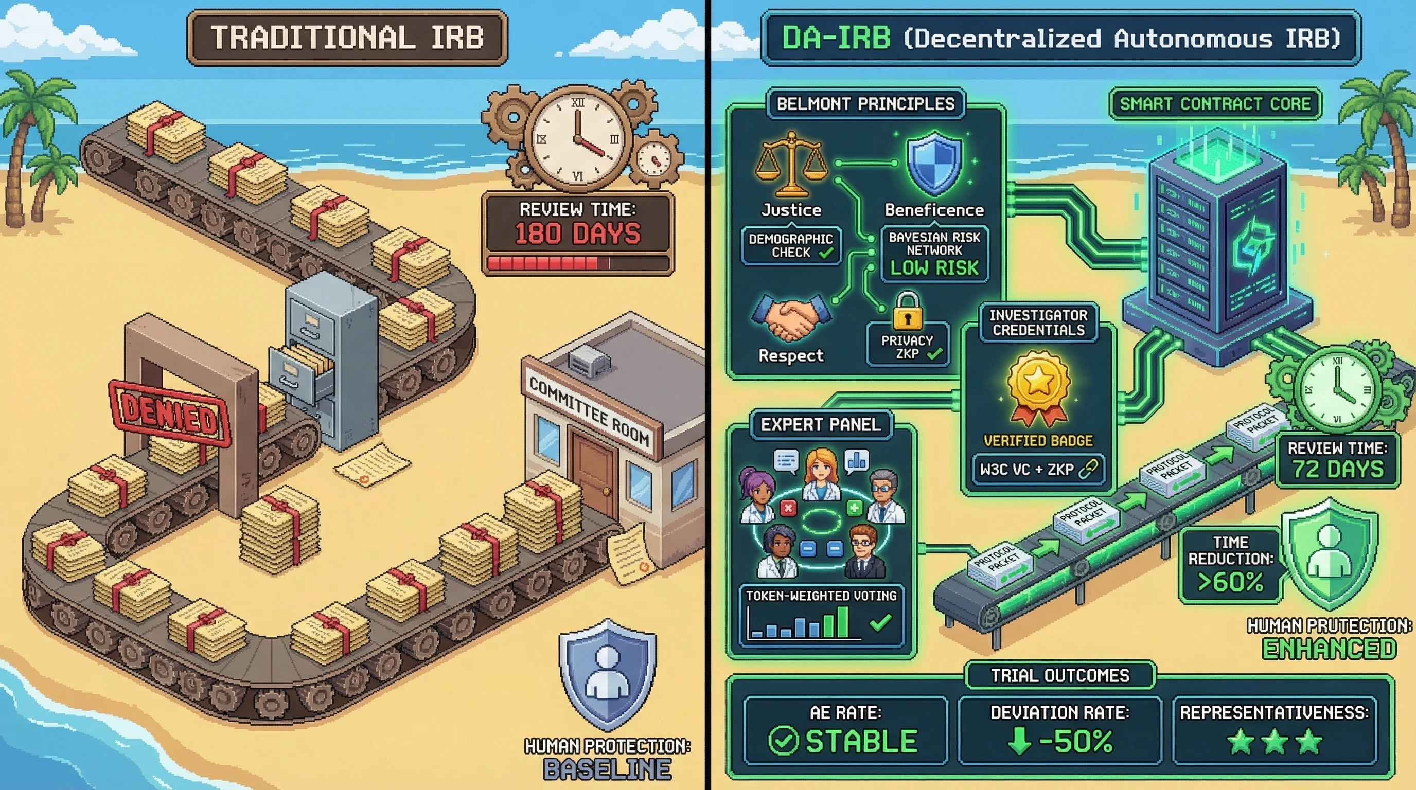 Infographic for: Decentralized Autonomous IRB Governance via Smart Contract-Encoded Belmont Principles Reduces Protocol Review Latency by >60% While Maintaining Equivalent Human Subject Protection Standards in Multi-Site Rheumatology Trials