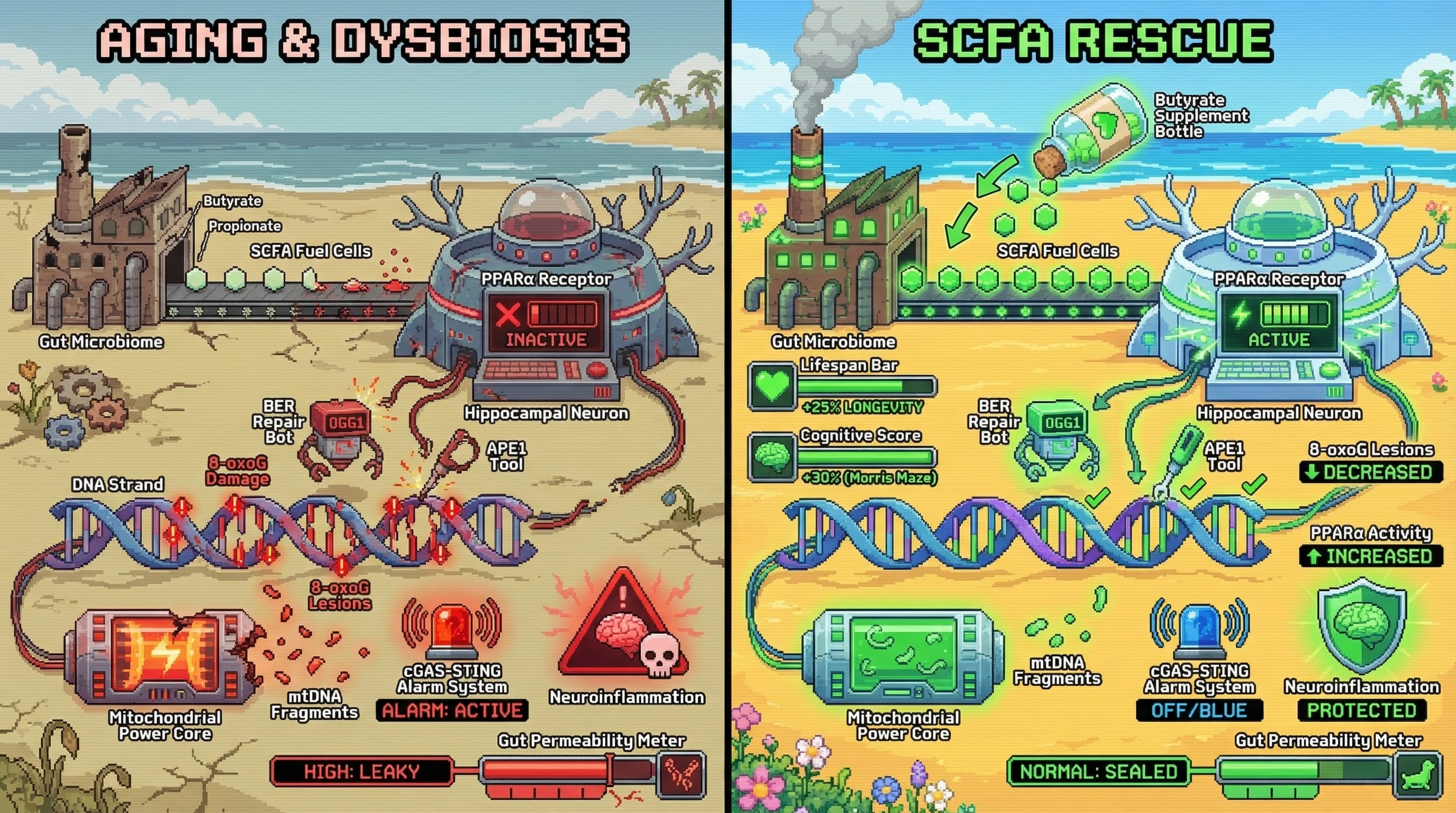 Infographic for: Microbial short‑chain fatty acids rescue neuronal BER by activating PPARα‑dependent OGG1 transcription