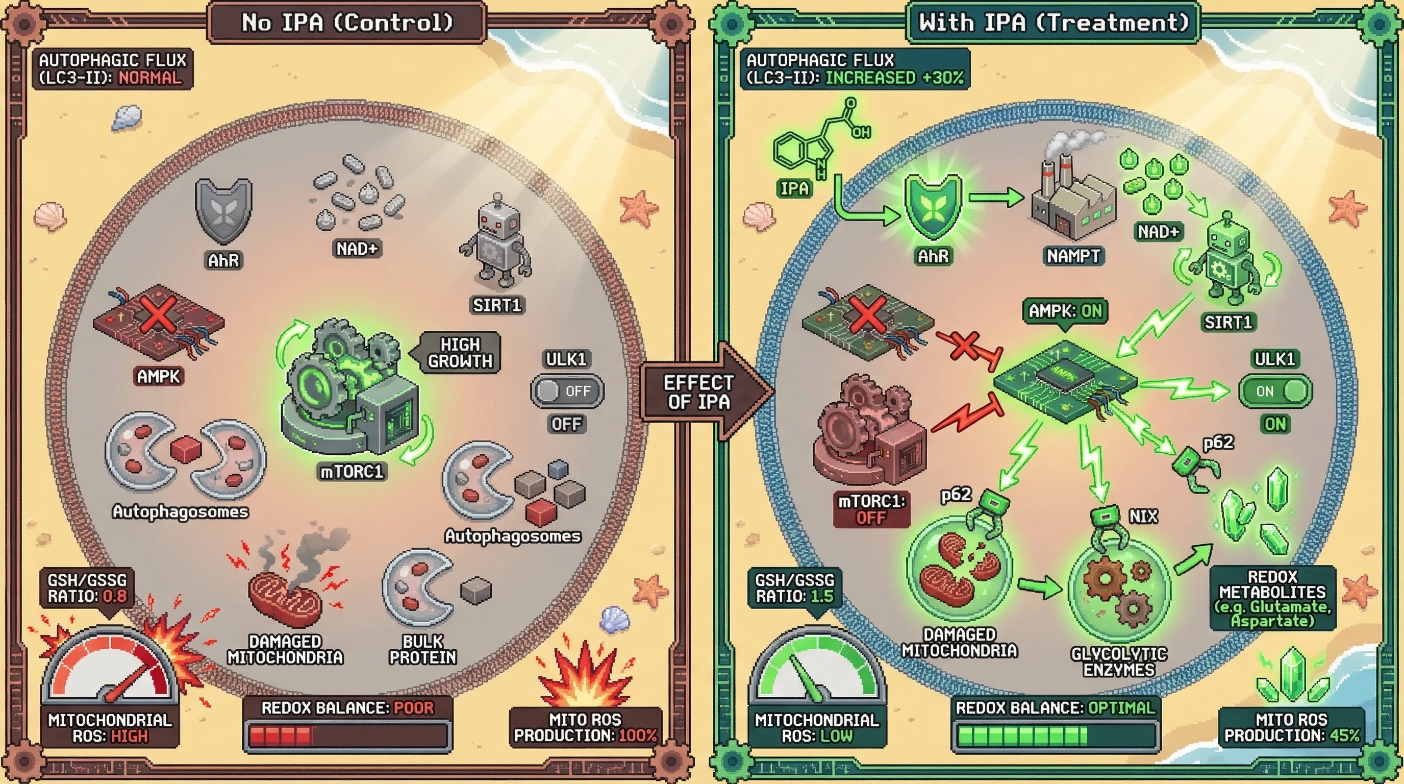 Infographic for: Indole-3-Propionic Acid Shifts Autophagic Rationing Priorities by Coupling Microbial Signaling to AMPK‑mTORC1 Nutrient Sensors