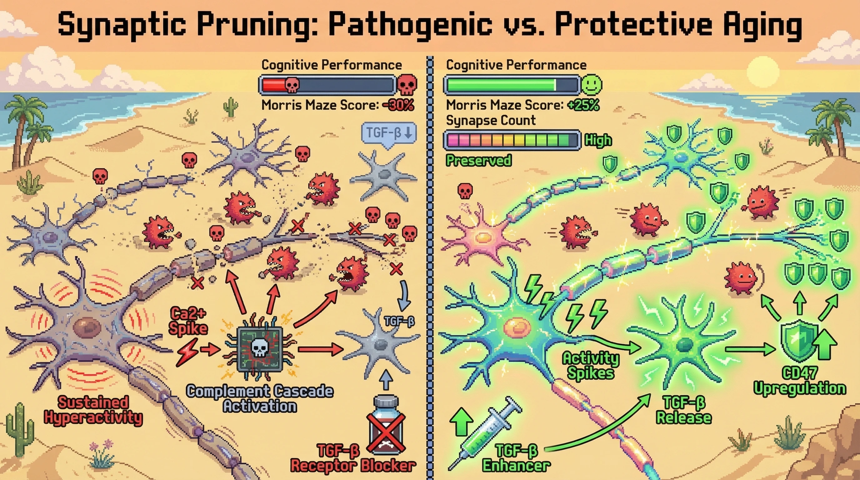 Infographic for: Activity‑Dependent Synaptic Pruning Thresholds Distinguish Protective from Pathogenic Brain Aging