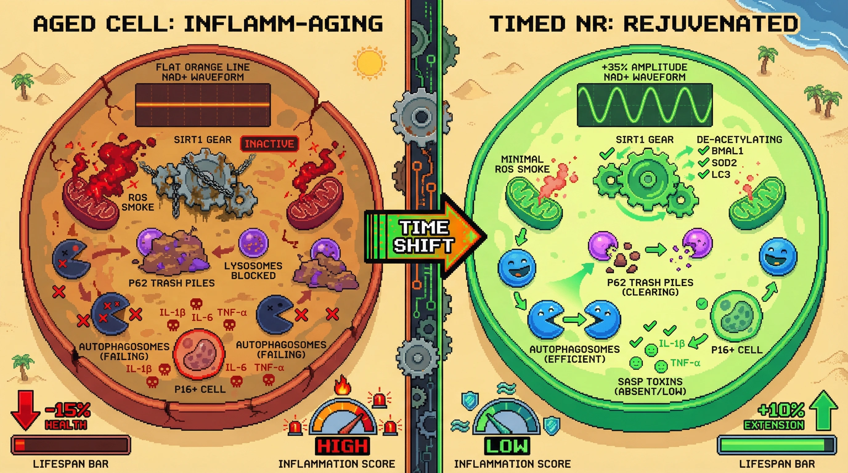 Mechanism: Timed NAD+ precursor administration restores circadian NAD+ rhythms, re-synchronizing SIRT1 activity with mitochondrial quality control and lysosomal autophagy. Readout: Readout: This intervention reduces ROS damage, decreases senescent cell burden by over 25%, and extends median lifespan by 10%.