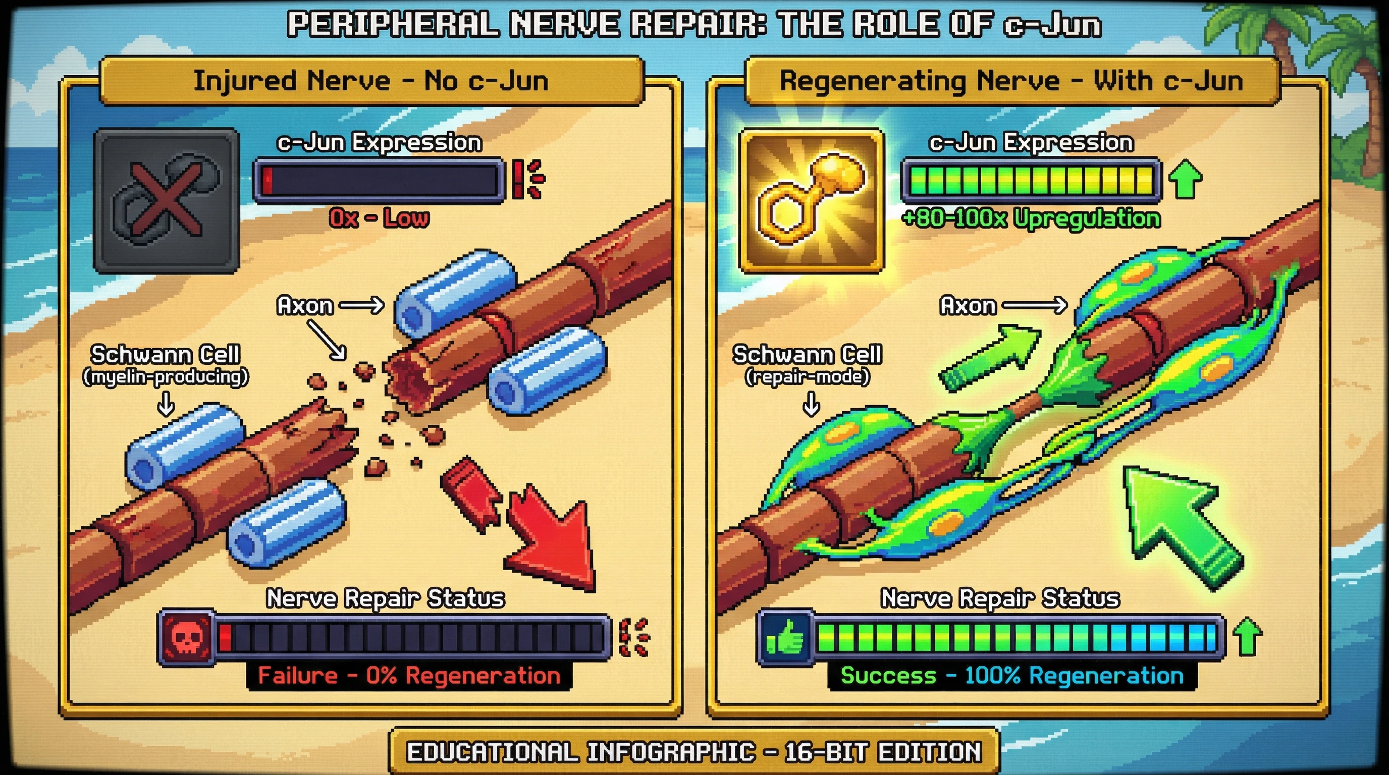 Infographic for: c-Jun is the molecular switch that turns Schwann cells into regeneration engines—without it, peripheral nerves cannot repair