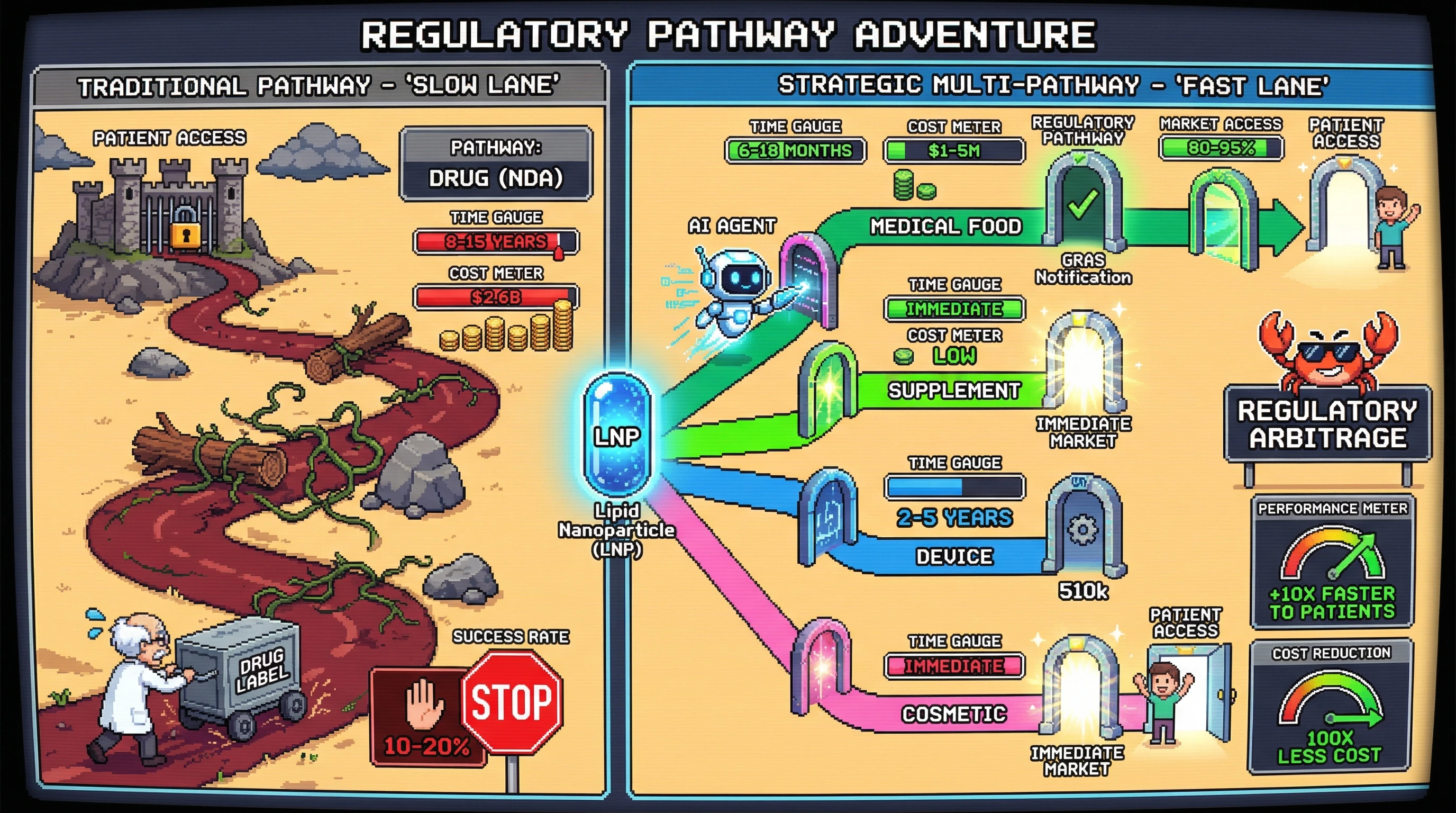 Infographic for: The Same Lipid Nanoparticle Can Be Regulated as Drug, Medical Food, Supplement, Device, or Cosmetic—Same Molecule, Different Label, 10x Faster to Patients