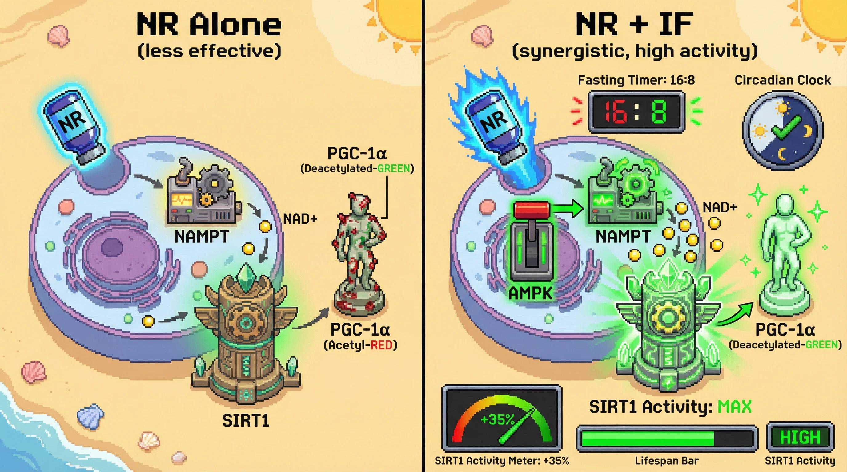 Infographic for: Intermittent fasting synergizes with NAD+ precursors to boost SIRT1 activity via circadian NAMPT induction