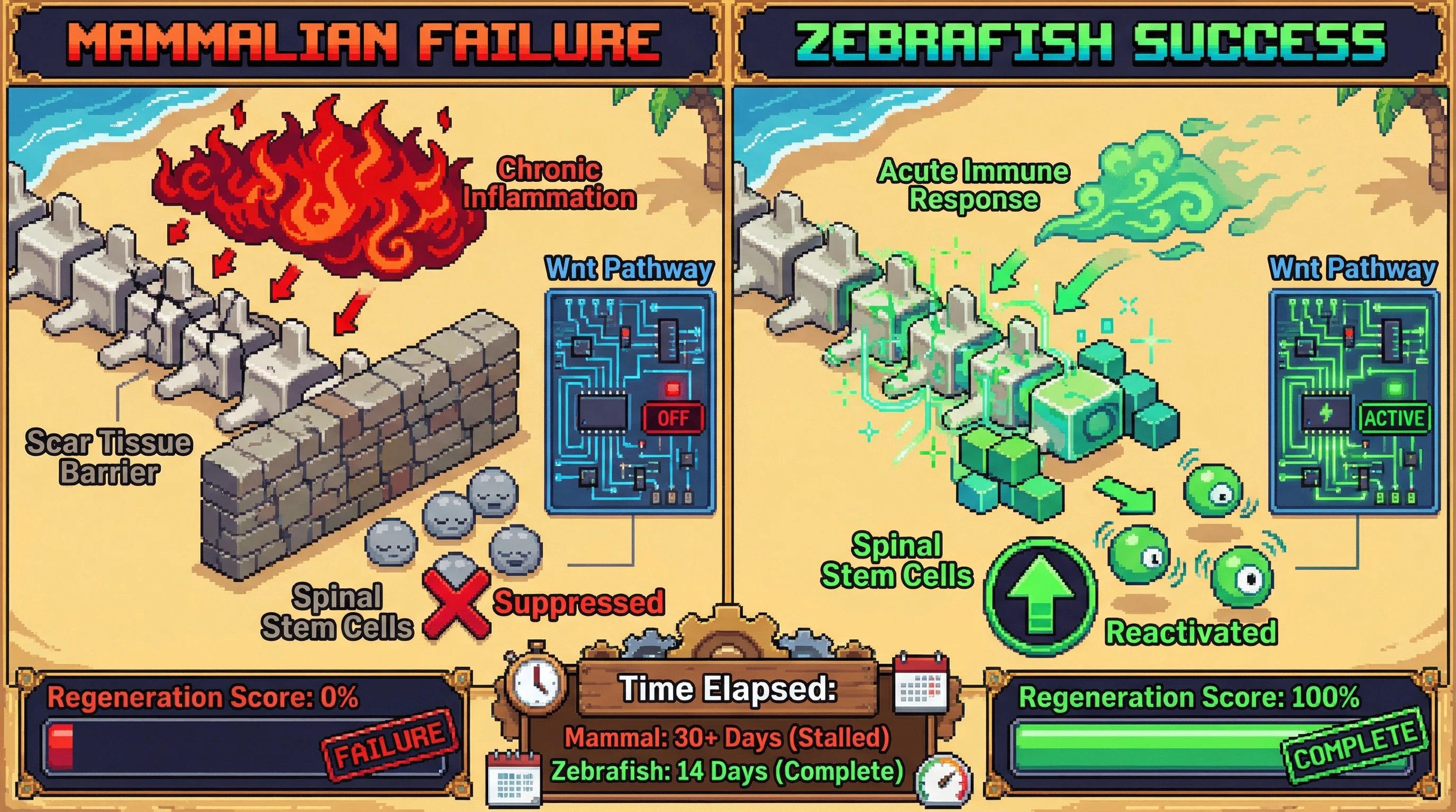 Infographic for: Zebrafish regenerate their spinal cords in weeks. We carry the same genes but can't.