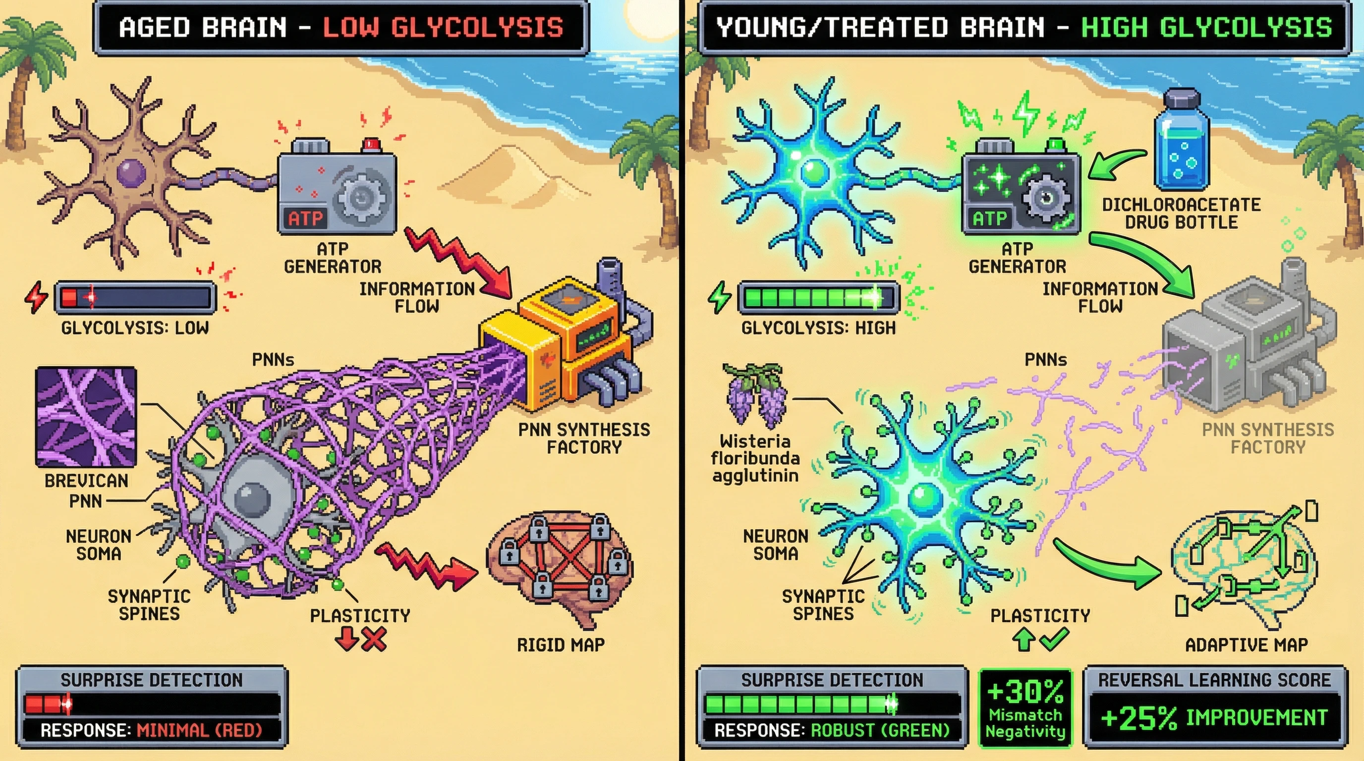 Infographic for: Loss of aerobic glycolysis promotes perineuronal net accumulation, stabilizing cortical maps and impairing surprise-driven plasticity in aging