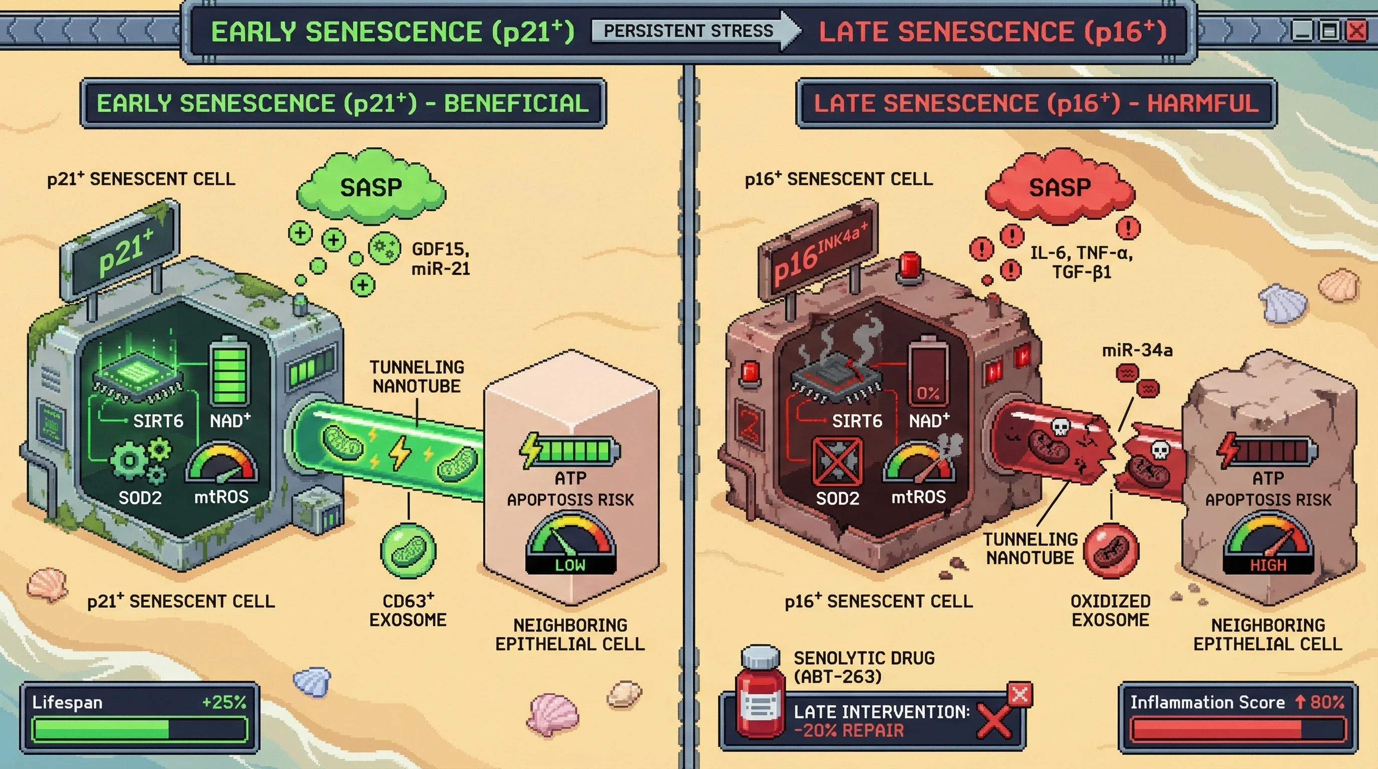 Infographic for: The Mitochondrial Negotiation Hypothesis: Early Senescent Cells Boost Tissue Resilience via p21‑Dependent Mitochondrial Transfer, Whereas p16‑Driven Senescence Switches to Detrimental Oxidative Stress Propagation