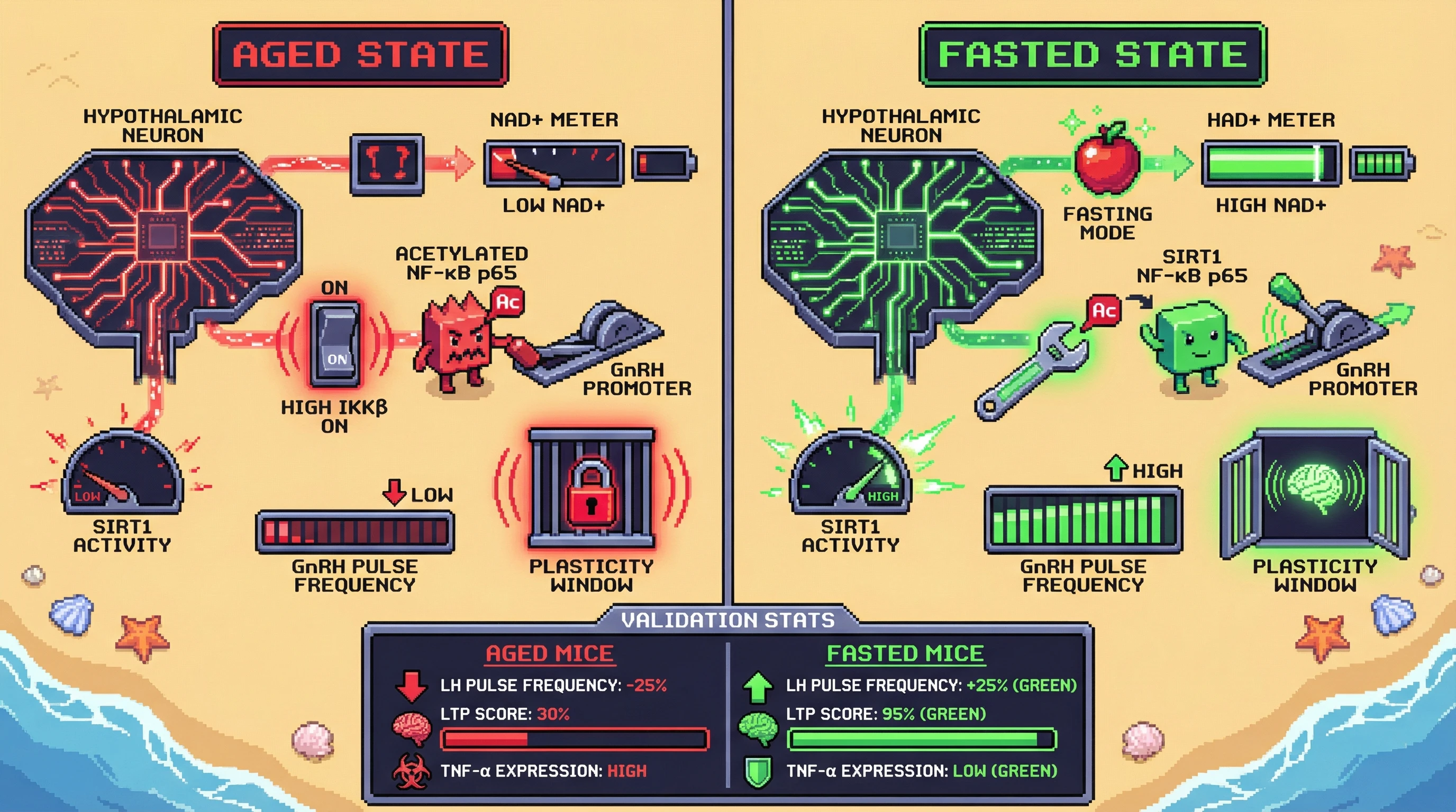 Infographic for: Hypothalamic IKKβ/NF-κB drives age-related over-consolidation via metabolic repression of GnRH pulsatility, reversible by intermittent fasting-induced SIRT1 activation