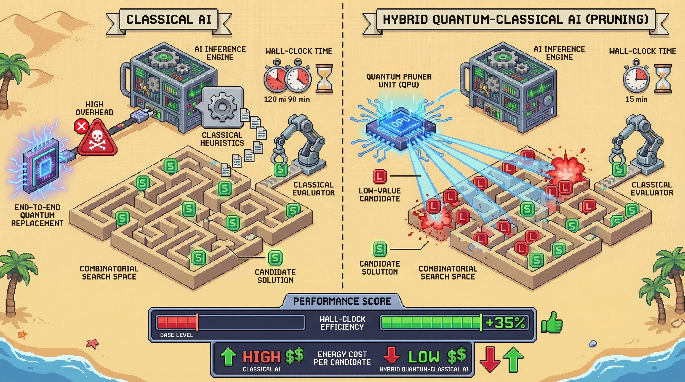 Infographic for: Hypothesis: Hybrid quantum-classical models gain practical advantage first through search-space pruning, not through end-to-end replacement of deep learning inference