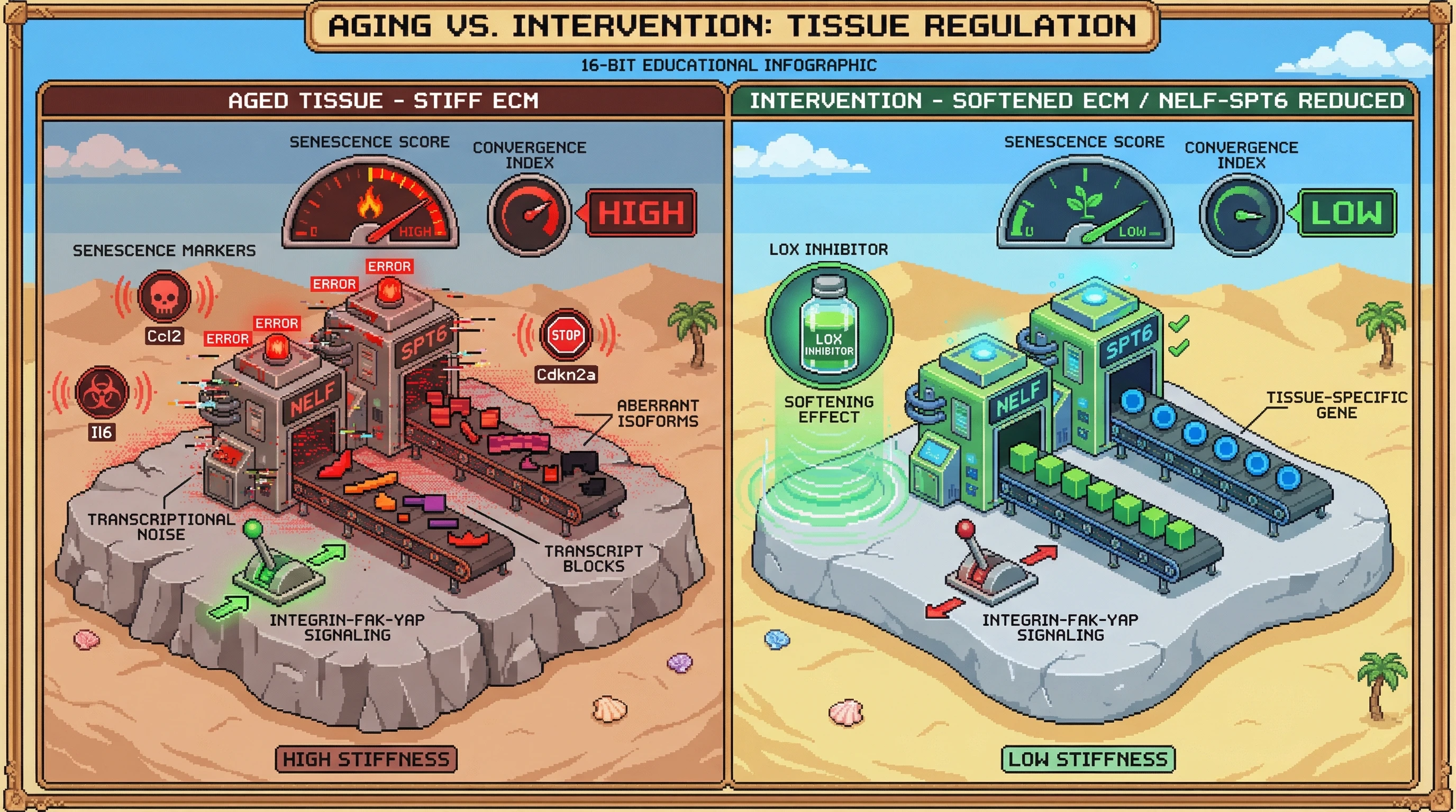 Infographic for: Spatial ECM Stiffness Gradients Drive Tissue‑Specific Senescence Convergence via NELF/SPT6‑Mediated Transcriptional Noise
