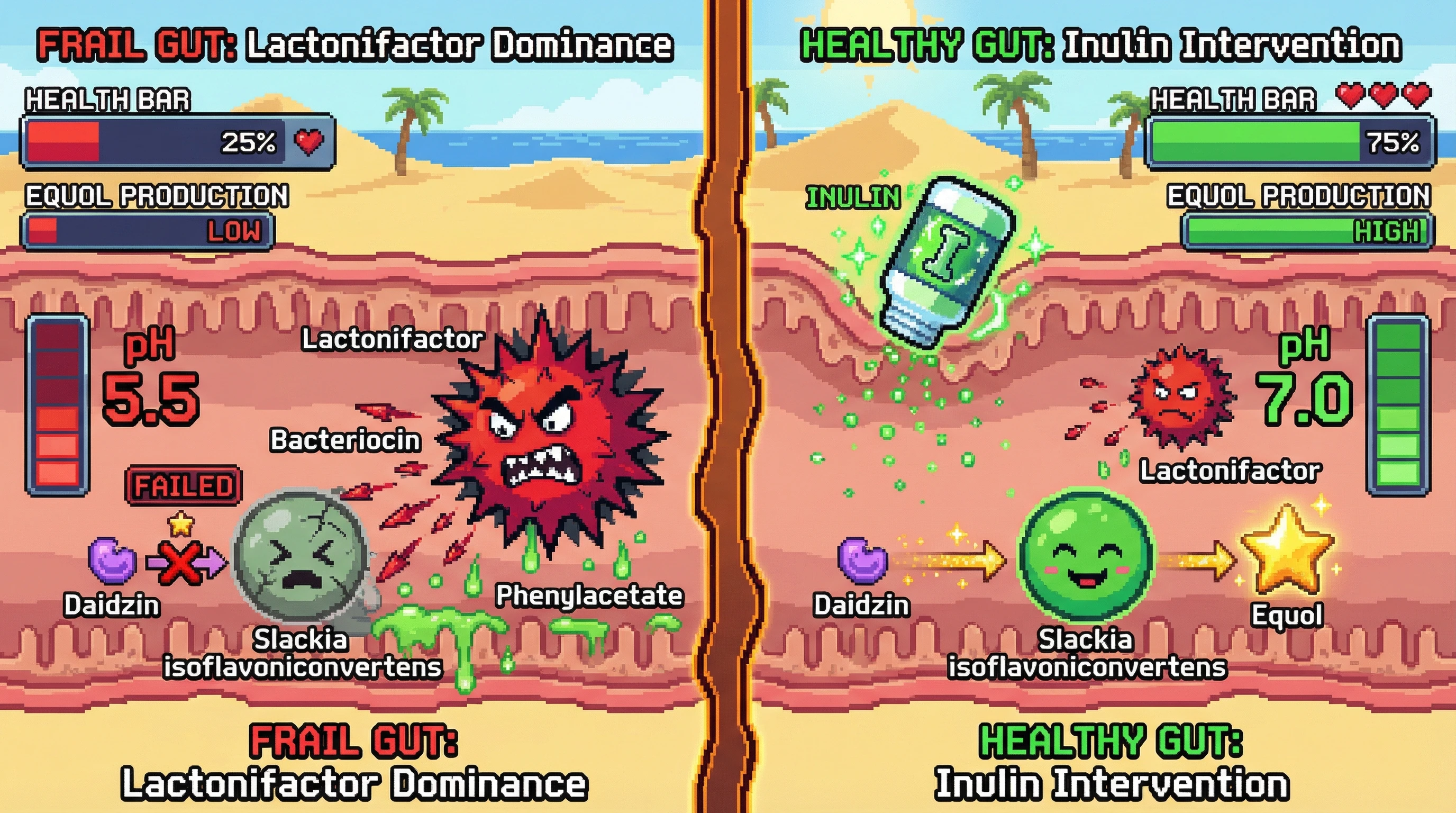 Infographic for: Lactonifactor suppresses equol production by secreting a bacteriocin that targets Slackia isoflavoniconvertens and lowers colonic pH