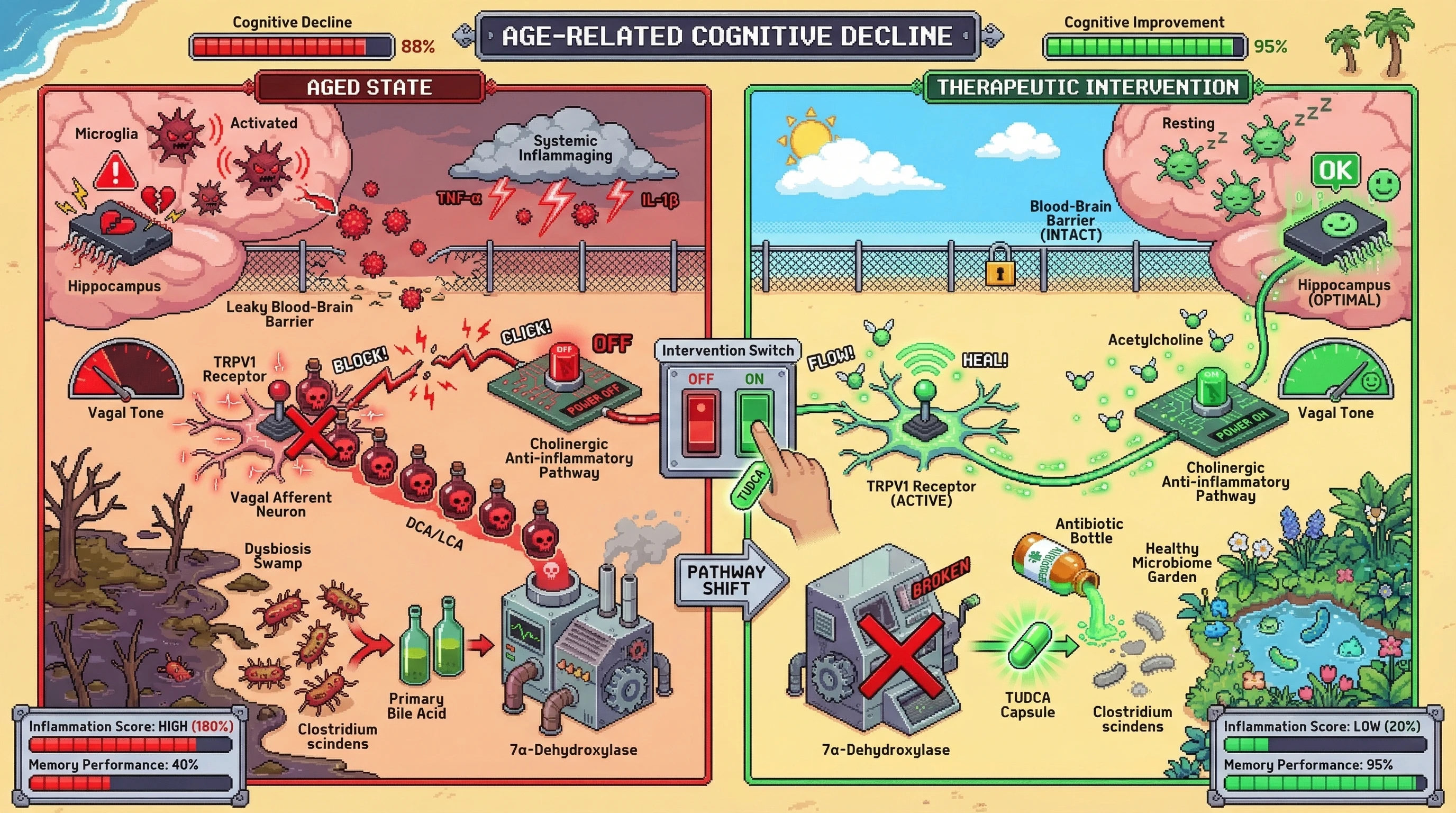 Infographic for: Microbial bile acidantagonism of vagal TRPV1 drives age‑related cognitive decline via inflammaging