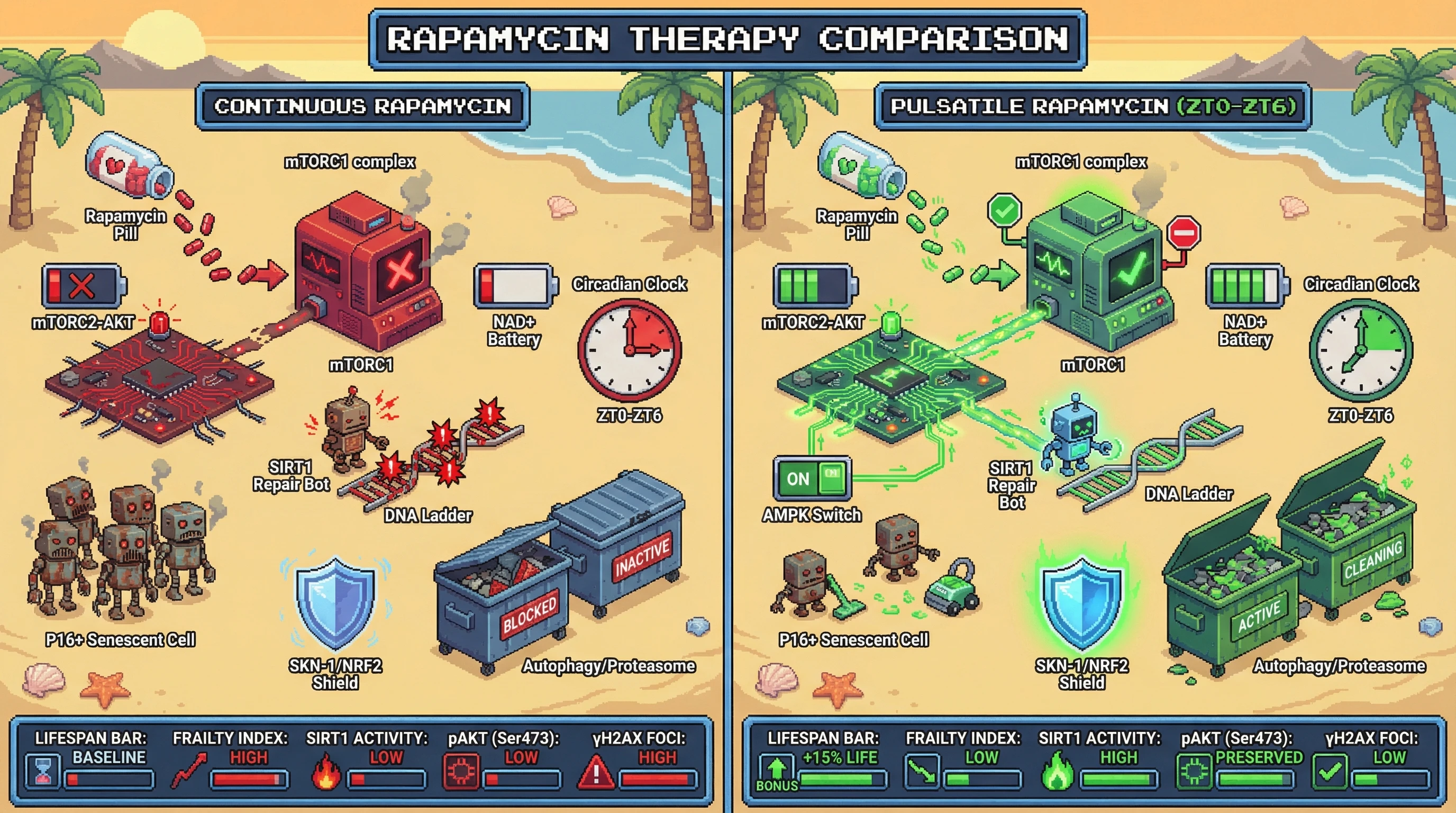 Infographic for: Pulsatile Rapamycin Dosing Aligned with Circadian NAD+ Rhythms Enhances Lifespan by Preventing Chronic mTORC2 Suppression and Promoting AMPK‑SIRT1‑DNA Repair Crosstalk