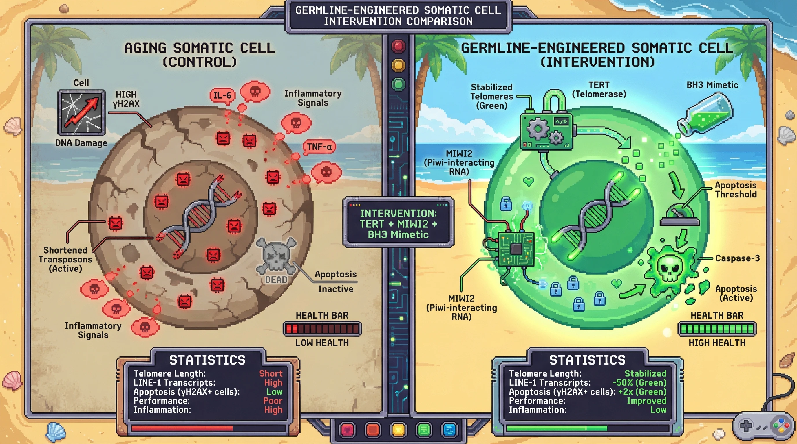 Mechanism: Inducing telomerase (TERT) and piRNA pathway factor (MIWI2) in somatic cells, combined with apoptotic sensitization, creates a germline-like surveillance system that actively removes DNA-damaged cells. Readout: Readout: This process stabilizes telomeres, reduces LINE-1 transposon activity by 50%, doubles apoptosis of damaged cells, and improves physical performance and lowers inflammation.