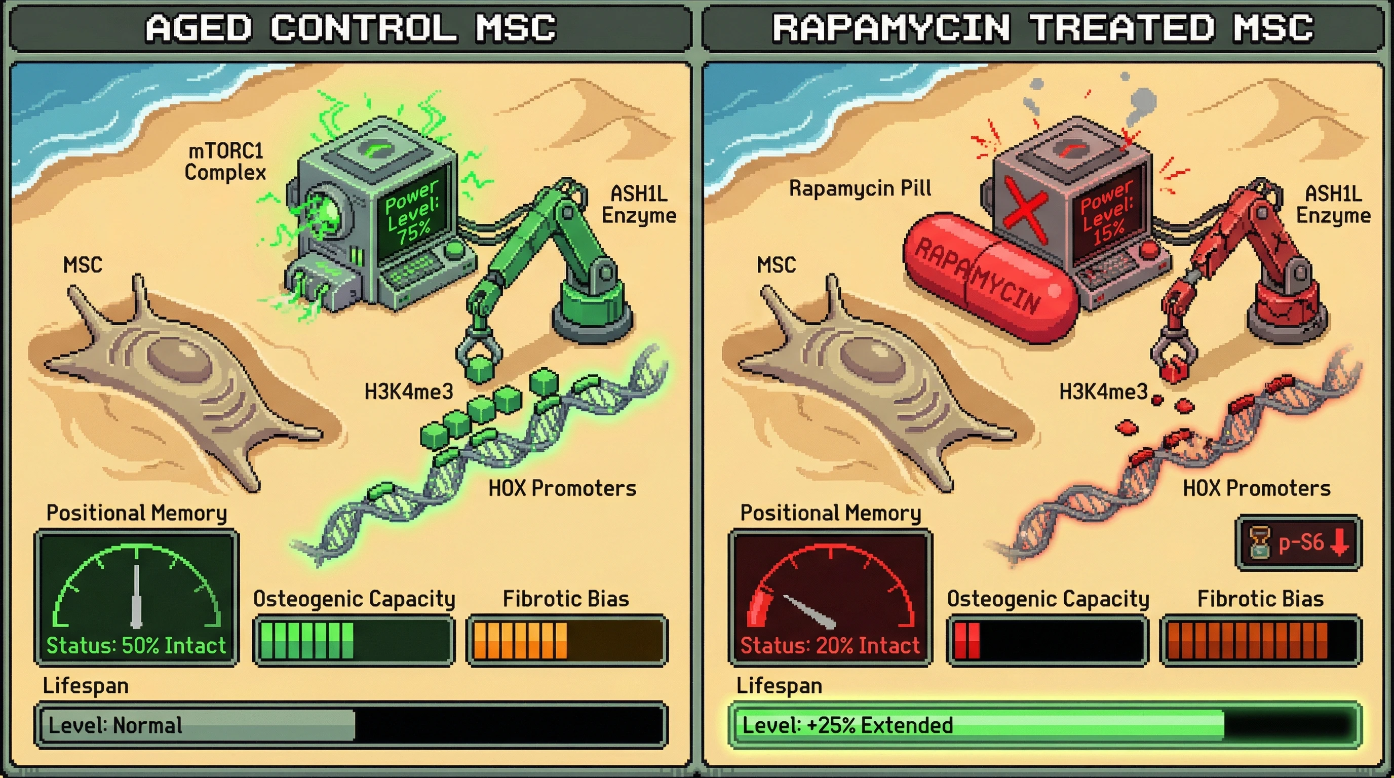 Infographic for: Rapamycin-induced lifespan extension masks HOX positional memory erosion in mesenchymal stem cells